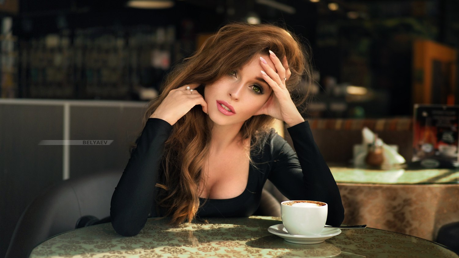 Woman with green eyes and pink lipstick in black clothing HD Wallpaper