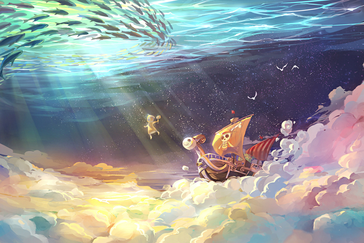 The Thousand Sunny ship from One Piece sailing through clouds HD Wallpaper
