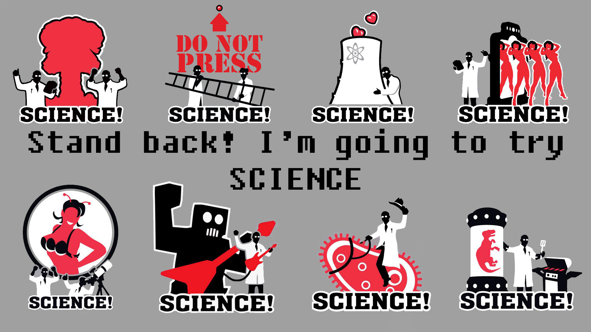 Humorous science-themed illustrations with text HD Wallpaper