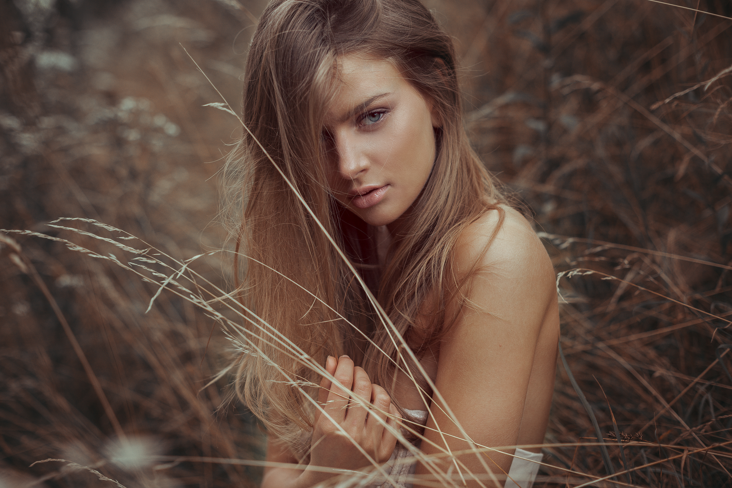 Portrait of a blonde woman in tall grass HD Wallpaper