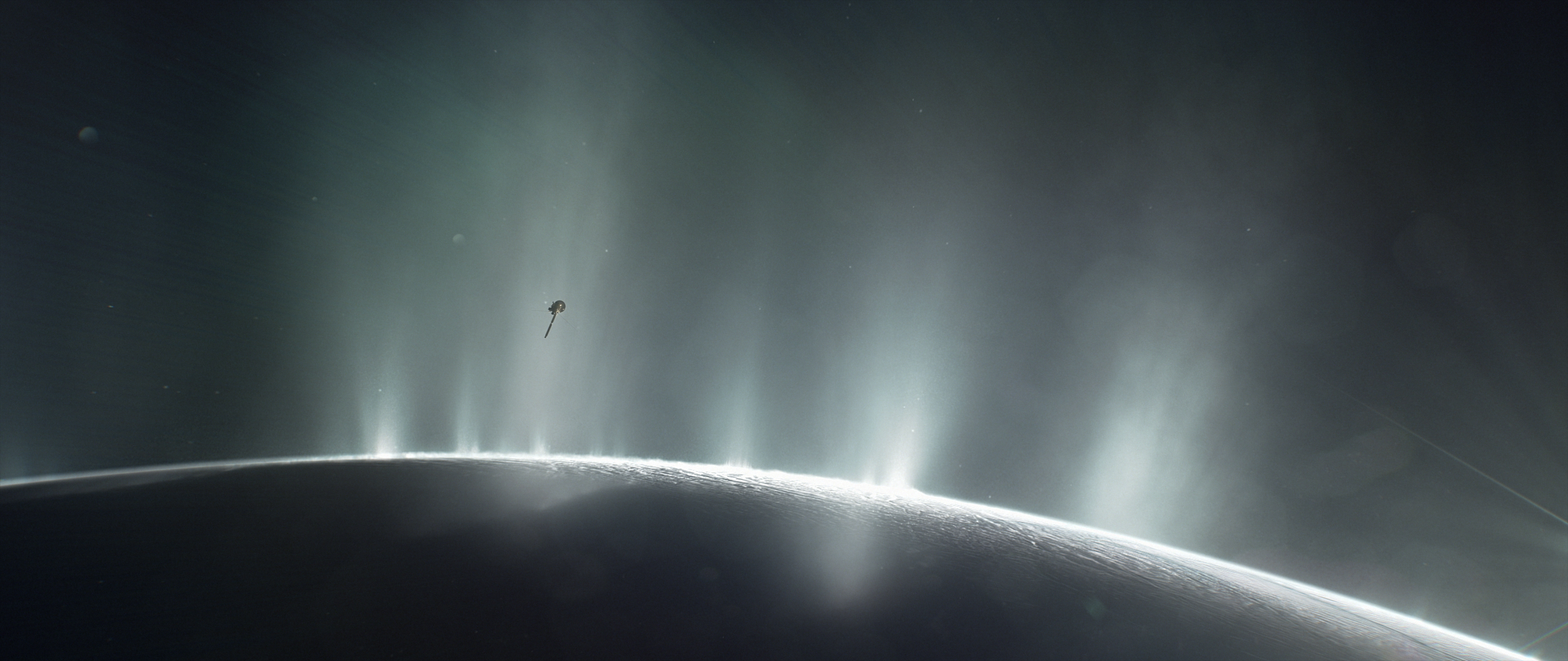 Space probe flying through plumes of Enceladus HD Wallpaper