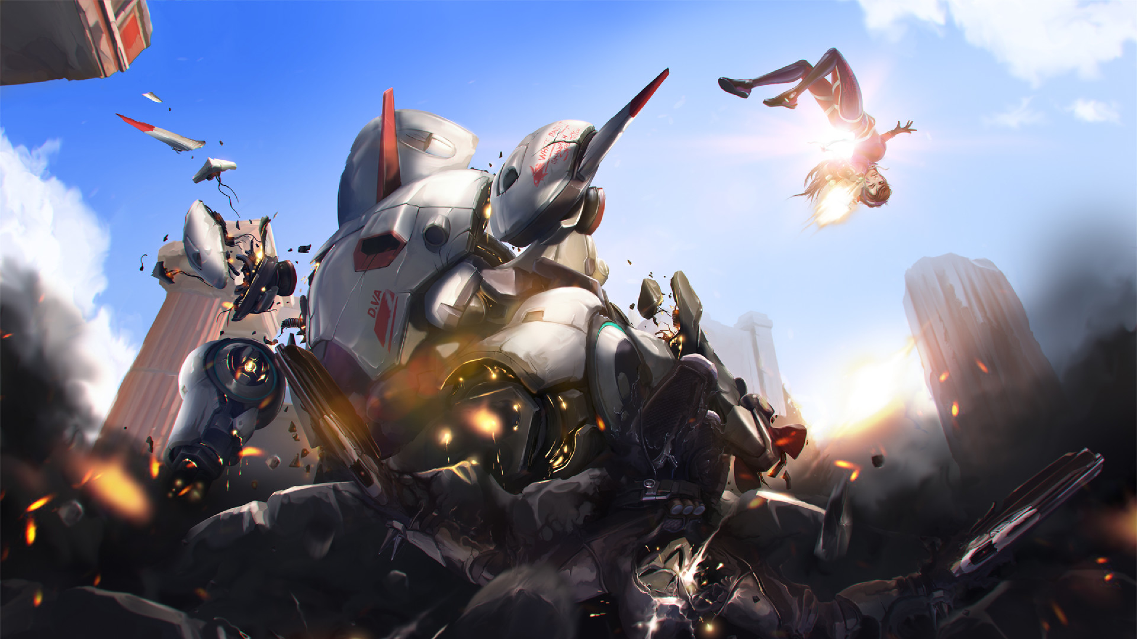 D.Va from Overwatch in a mech battle HD Wallpaper