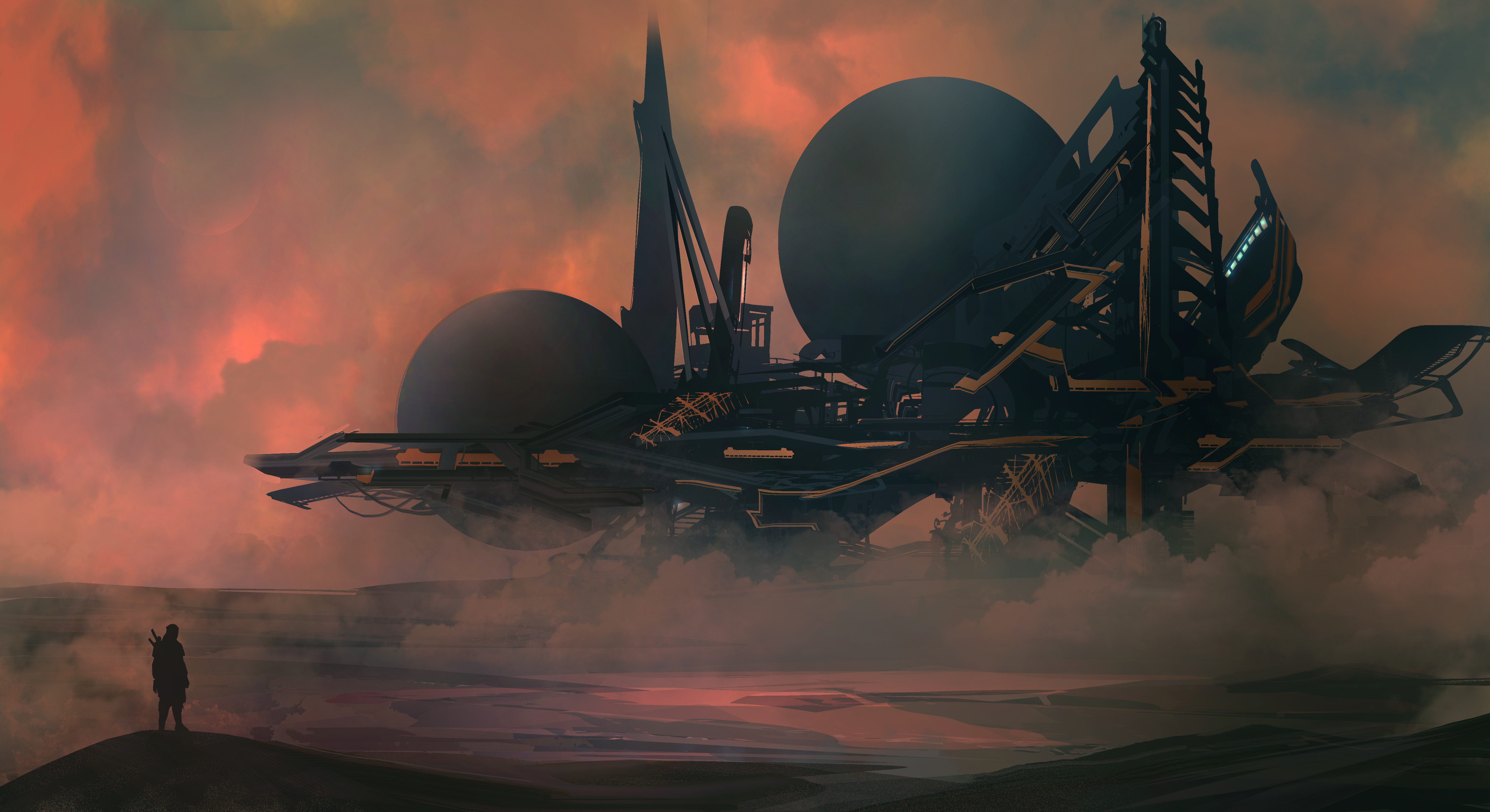Futuristic structure in a cloudy, red sky HD Wallpaper