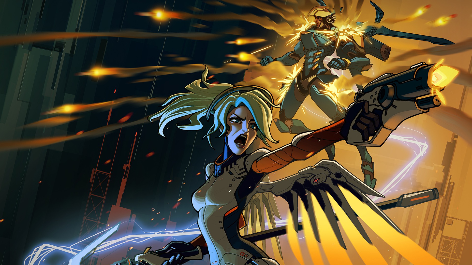 Mercy from Overwatch in combat HD Wallpaper