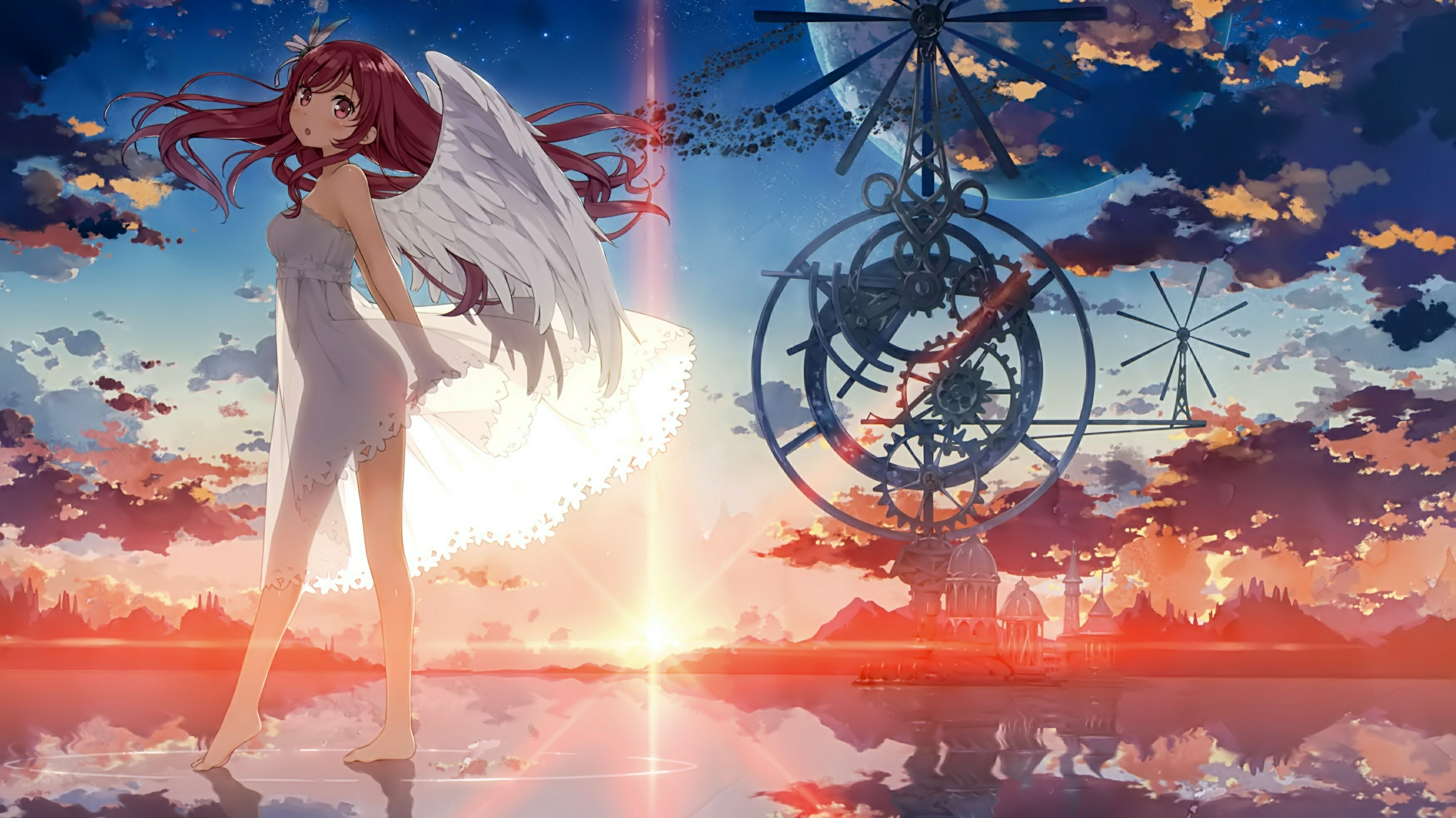 Angel girl and clockwork mechanism at sunset HD Wallpaper