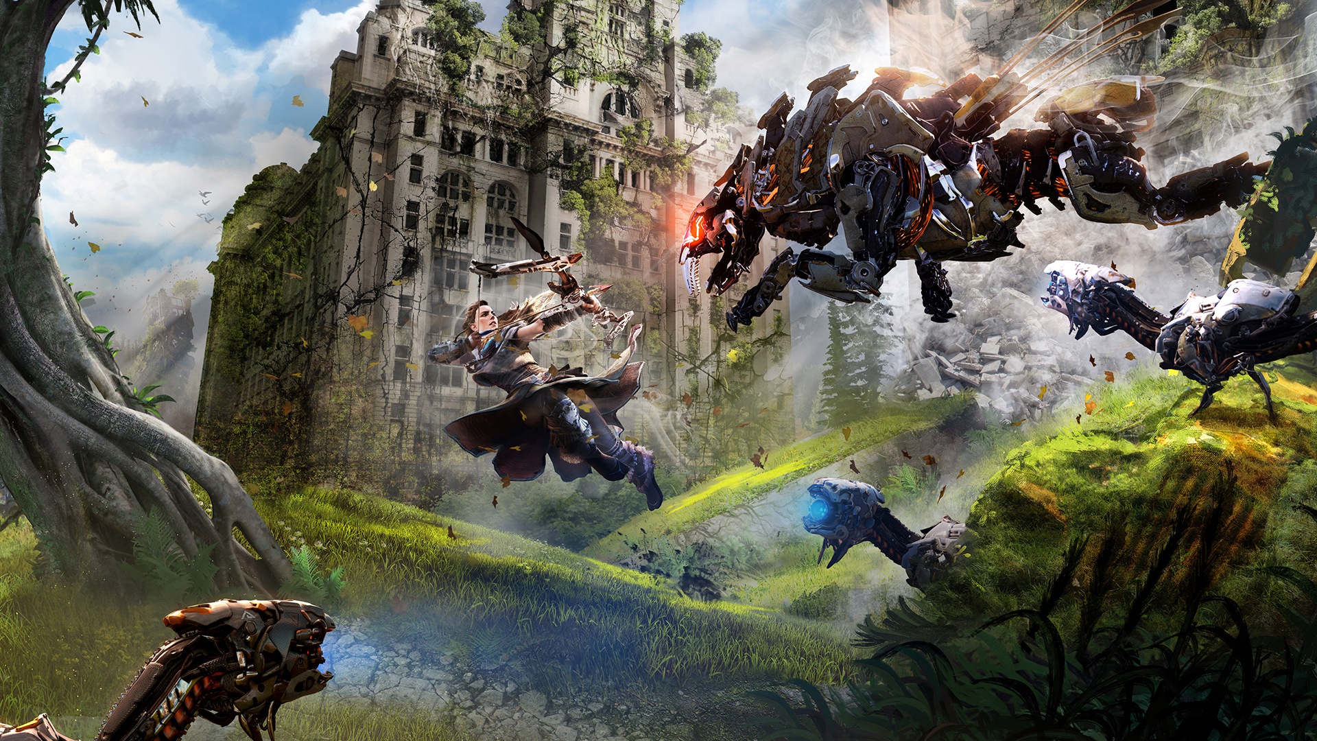 Aloy from Horizon: Zero Dawn fighting machines HD Wallpaper