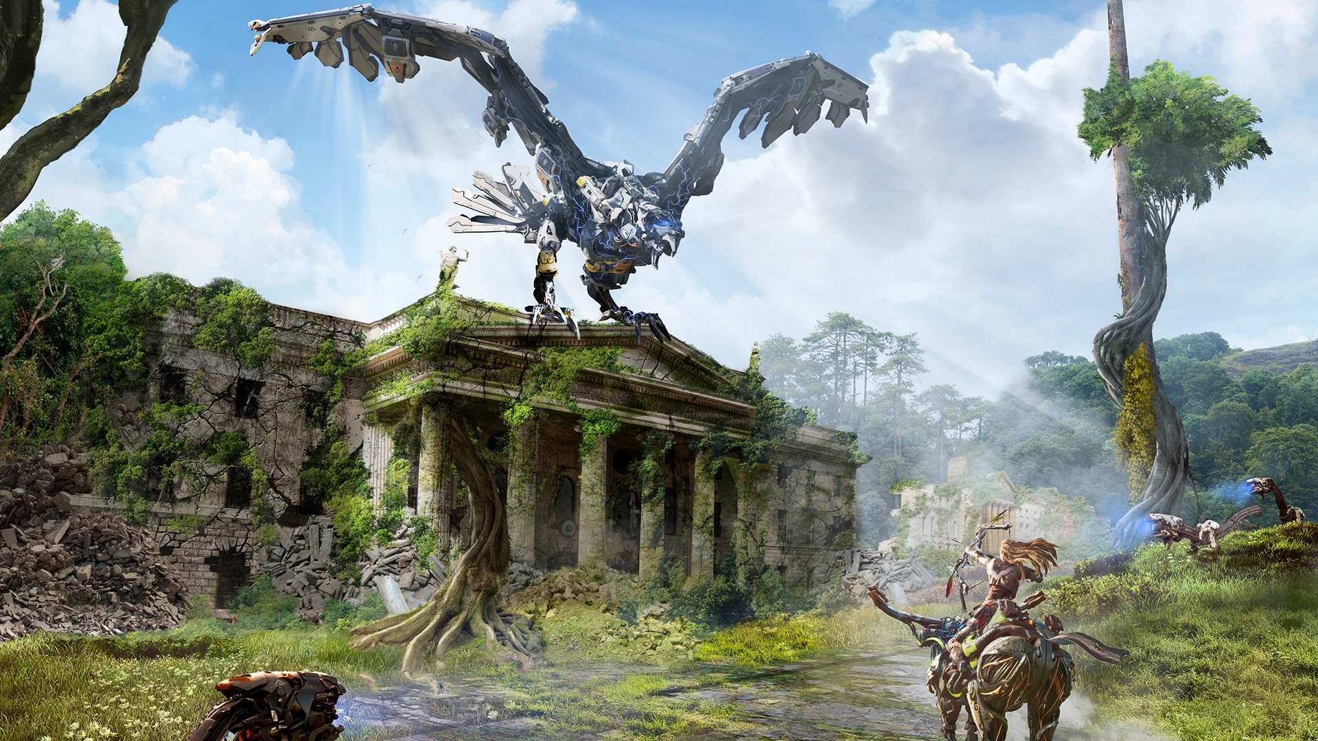 Aloy from Horizon Zero Dawn with robotic bird and ruins HD Wallpaper