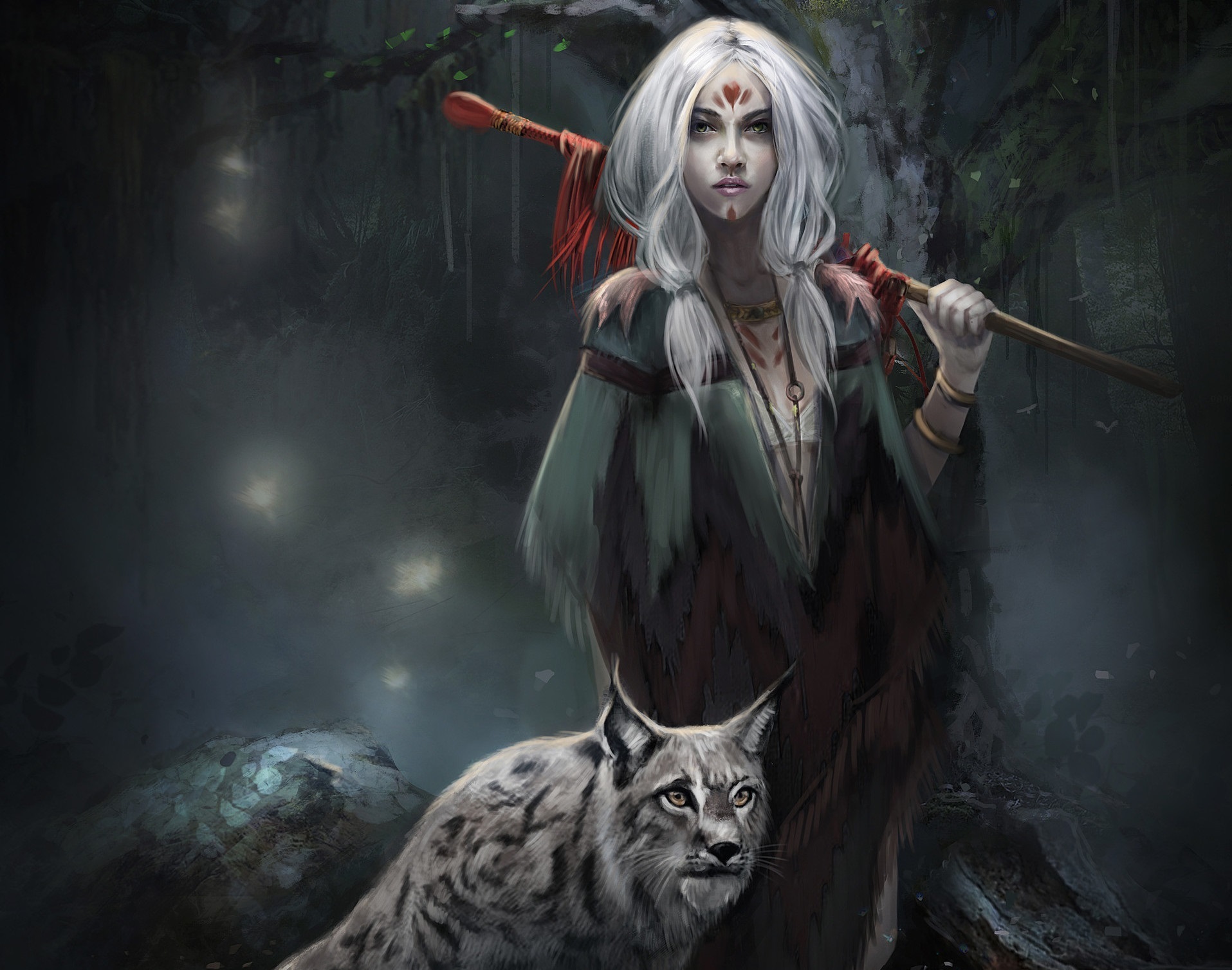 Fantasy woman with lynx in a dark forest HD Wallpaper