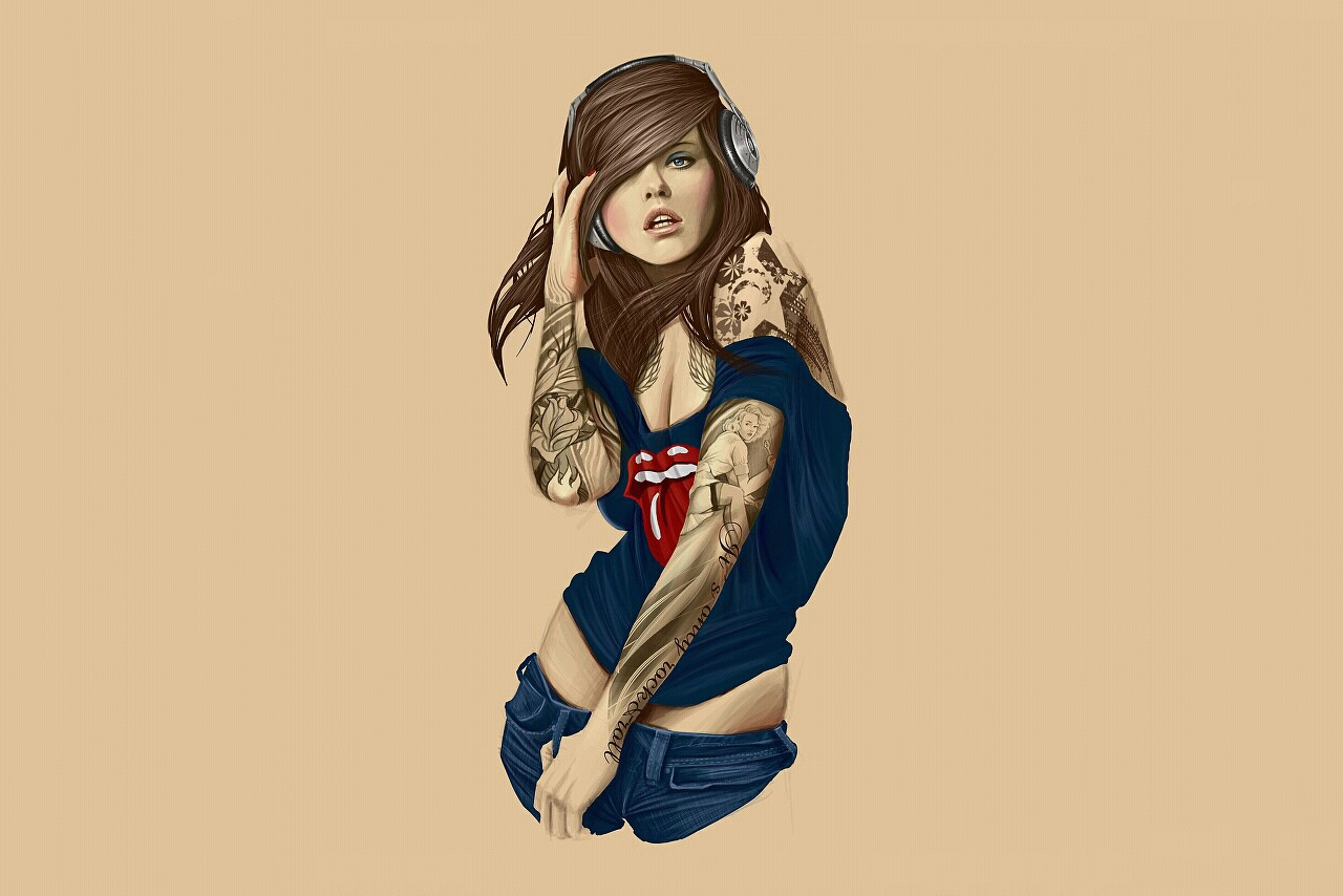 Tattooed woman with headphones listening to music HD Wallpaper