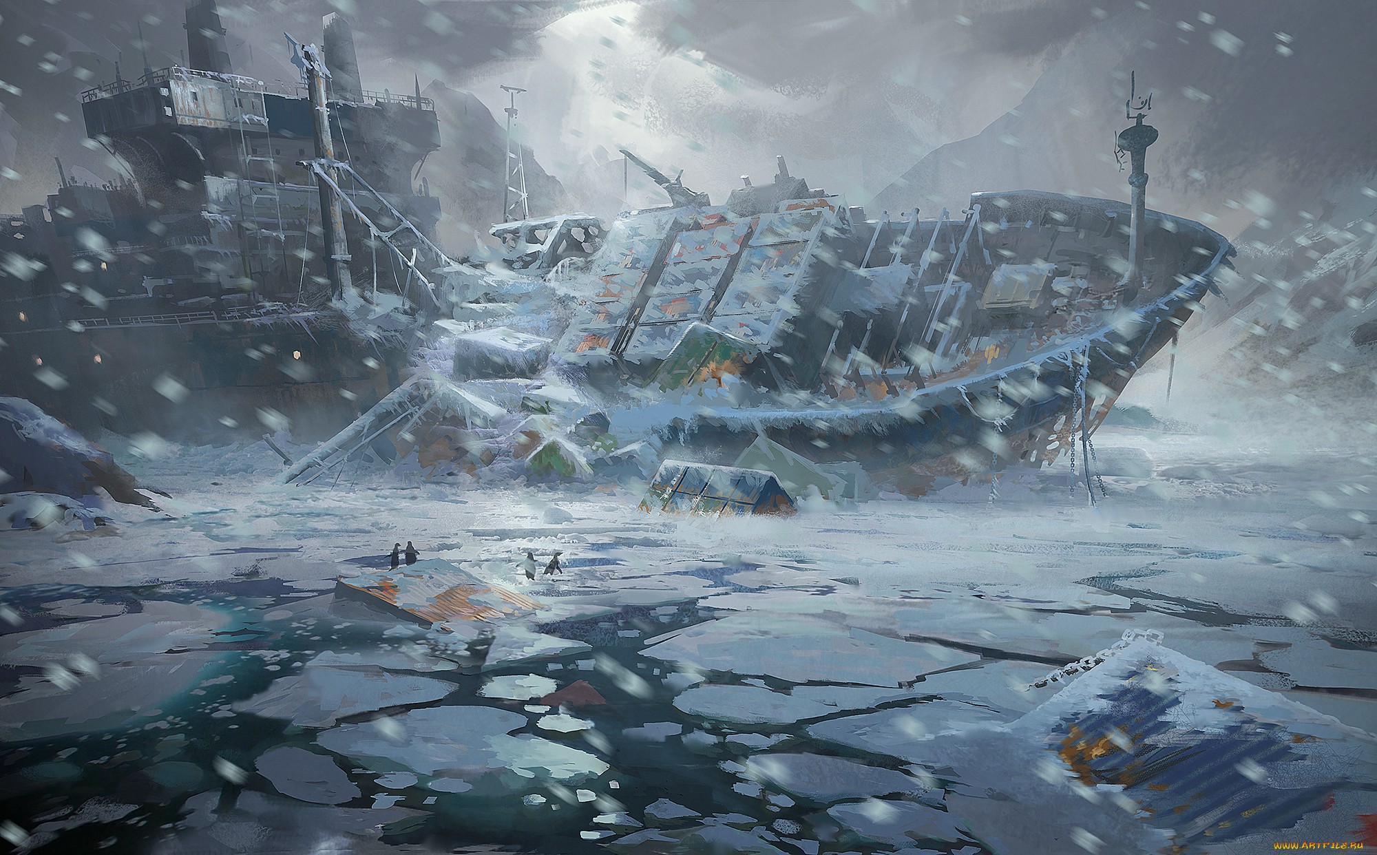 Artwork of a shipwreck in the Arctic HD Wallpaper