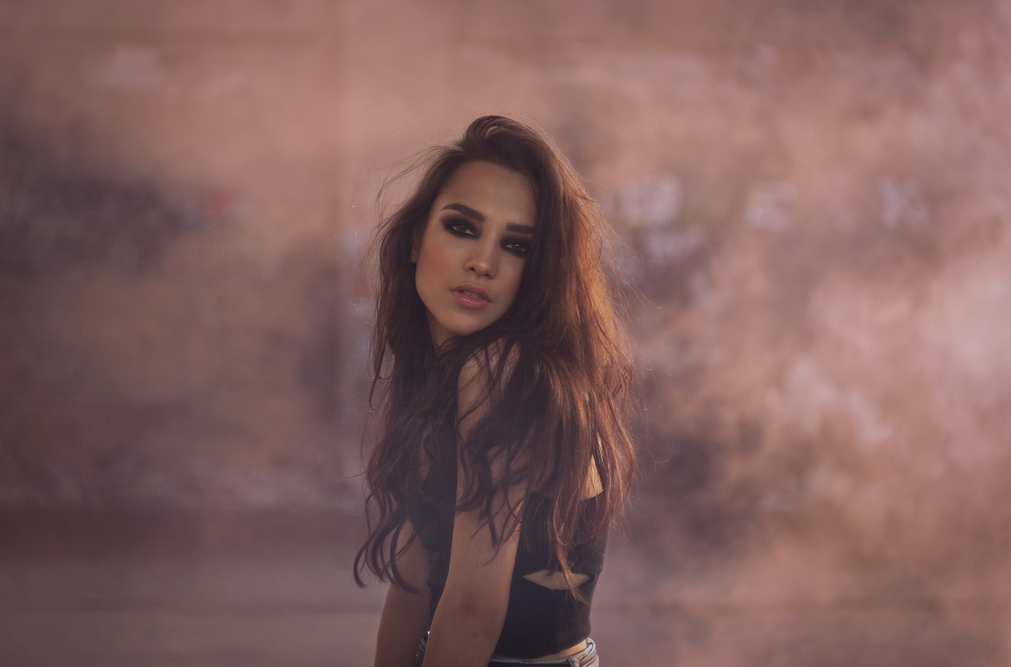 Woman with dark makeup and long brown hair HD Wallpaper