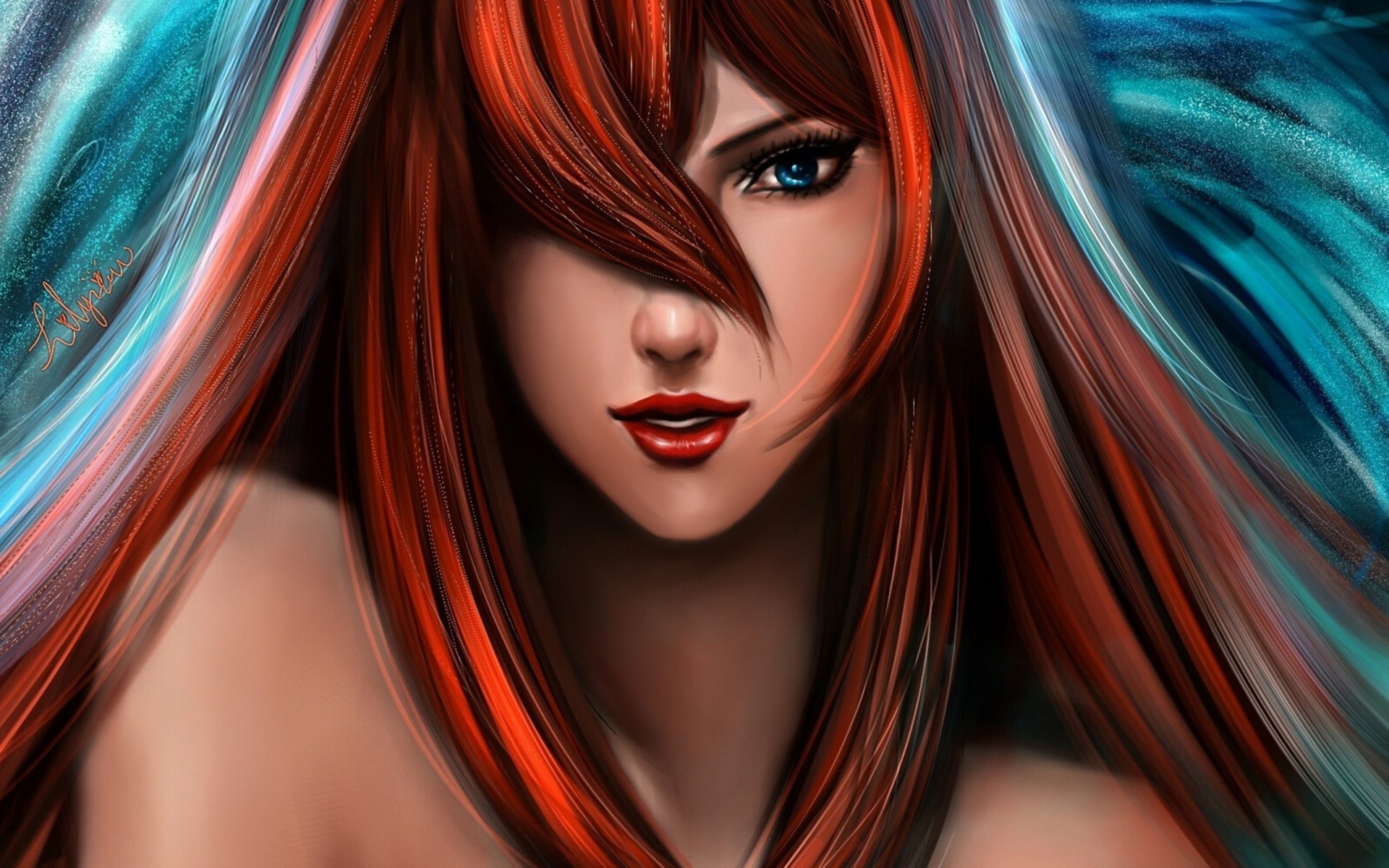 Anime redhead girl with blue eyes and long hair HD Wallpaper