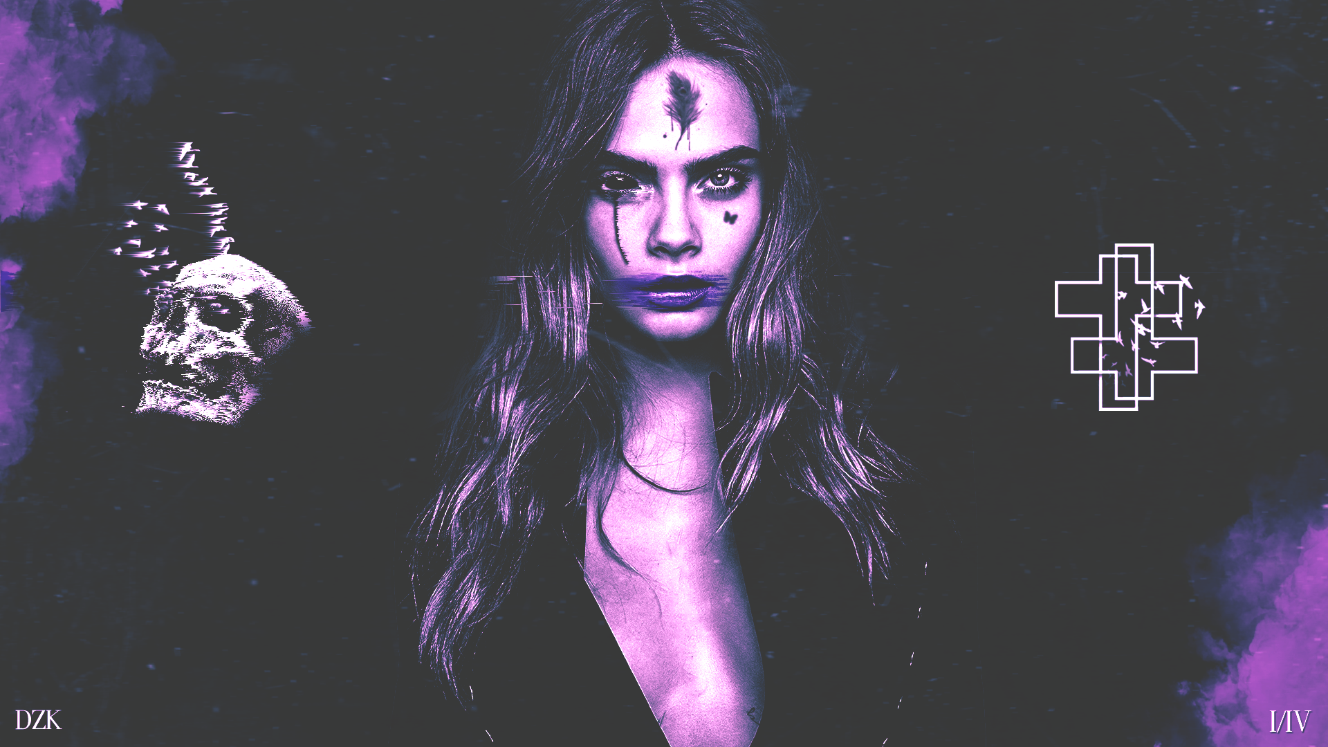 Cara Delevingne with skull and abstract symbols HD Wallpaper