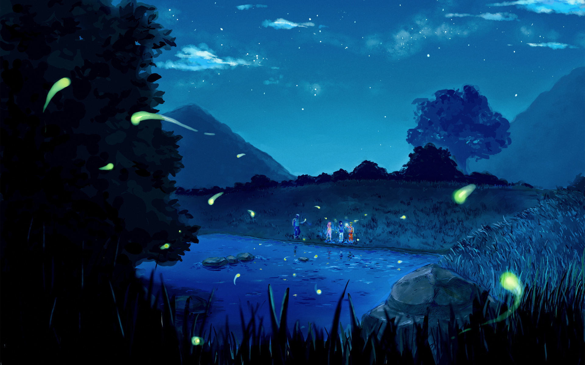 Naruto and friends by a river at night HD Wallpaper