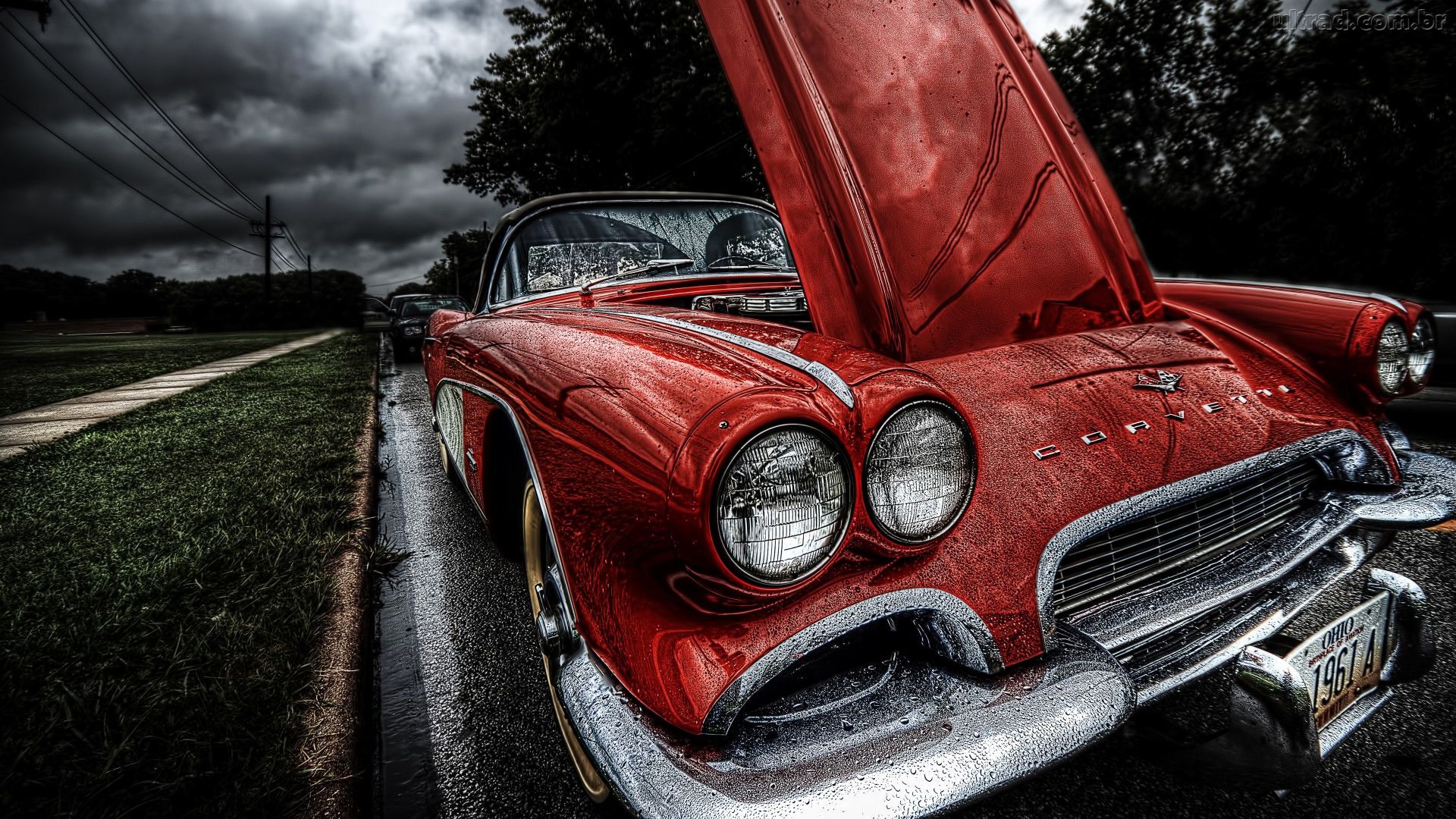 Red 1961 Chevrolet Corvette with hood open HD Wallpaper
