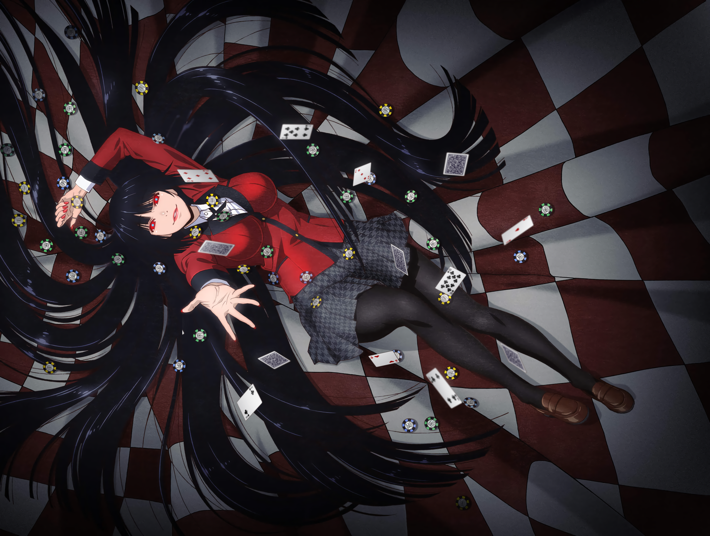 Yumeko Jabami from Kakegurui lying on a checkered floor HD Wallpaper