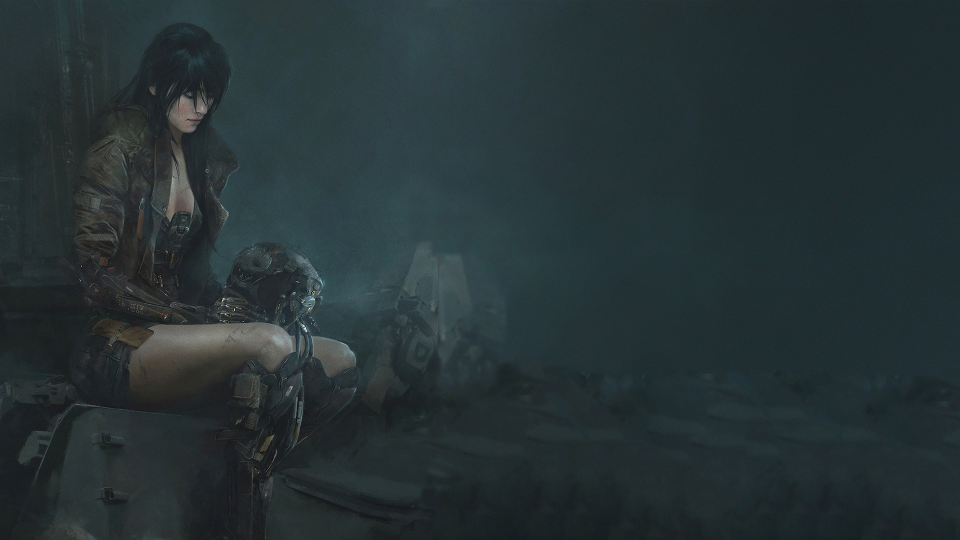 Cyberpunk woman holding a robot helmet HD Wallpaper