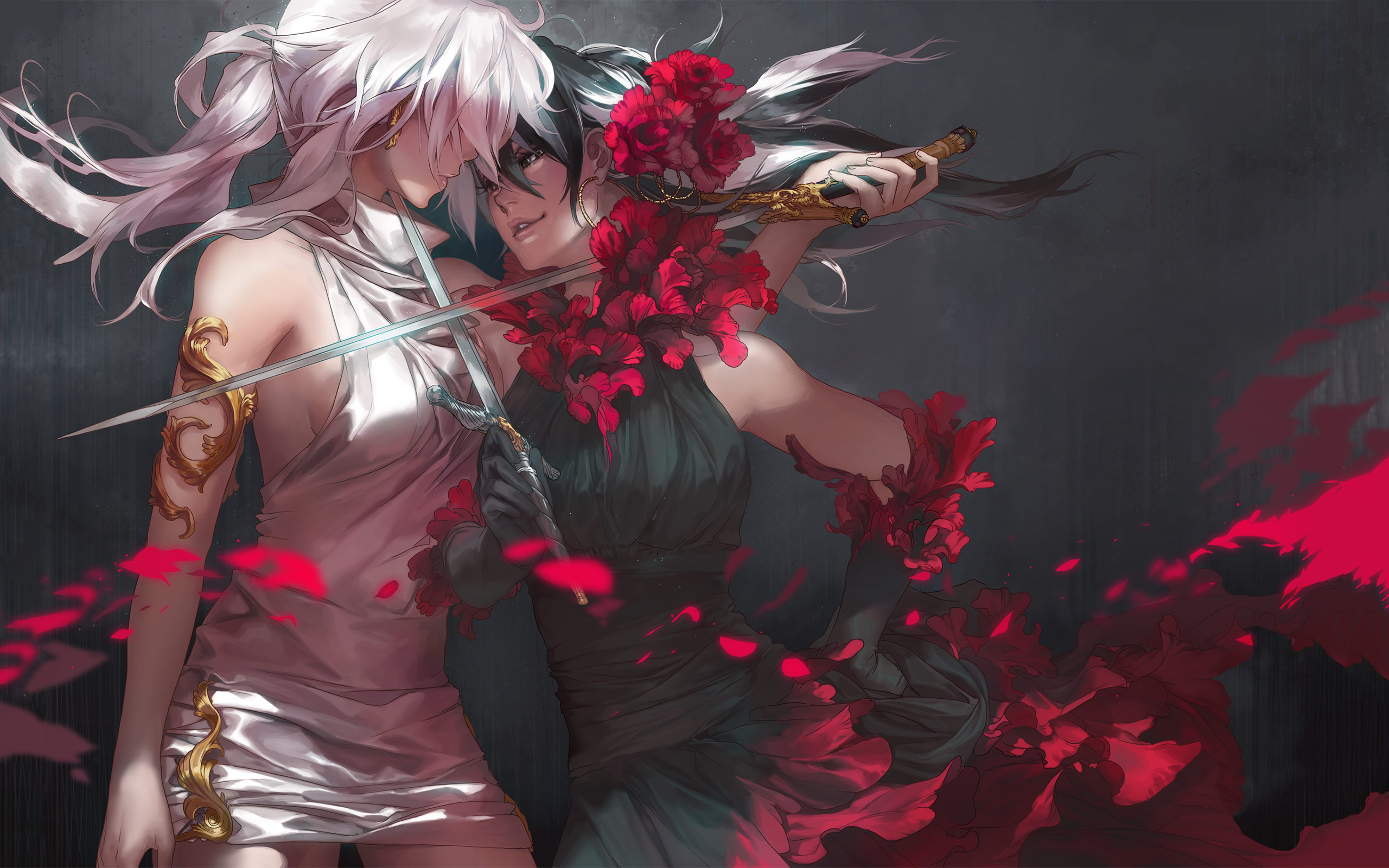 Two women with swords and red flowers HD Wallpaper