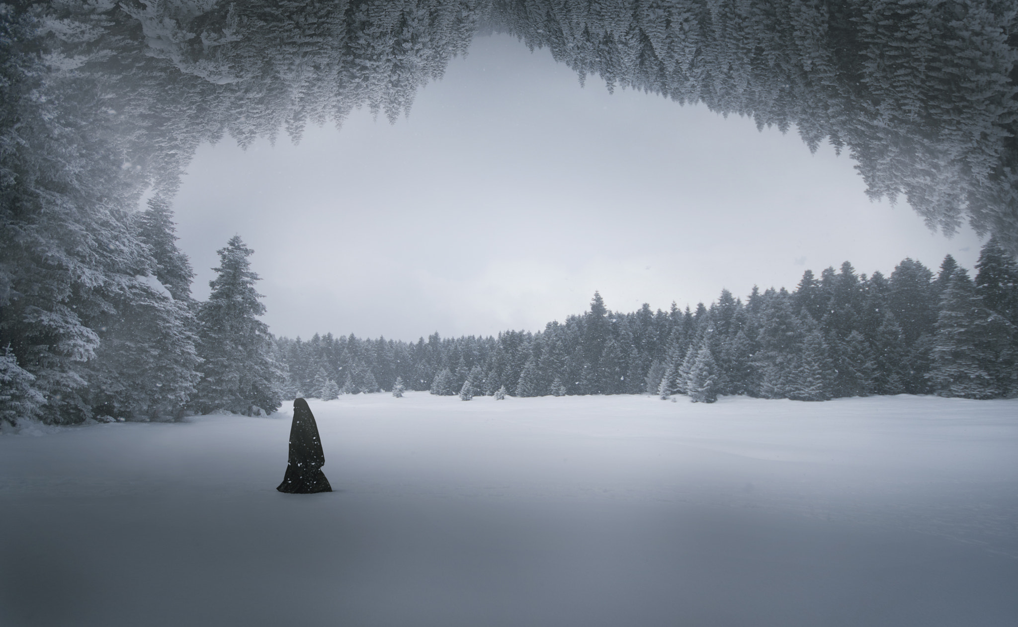 Figure in a snowy forest by Ozkan Durakoglu HD Wallpaper