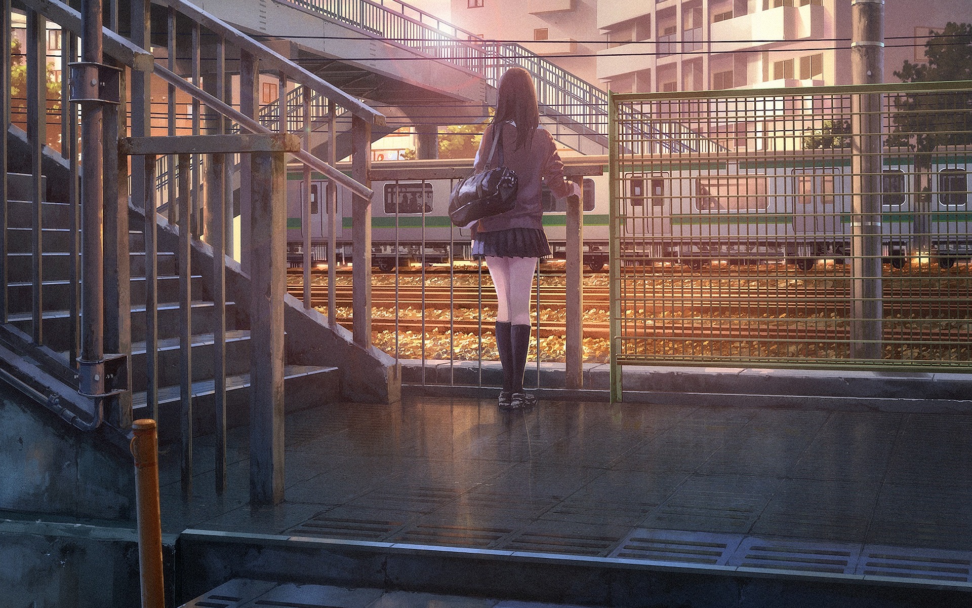 Anime girl in school uniform at train station HD Wallpaper