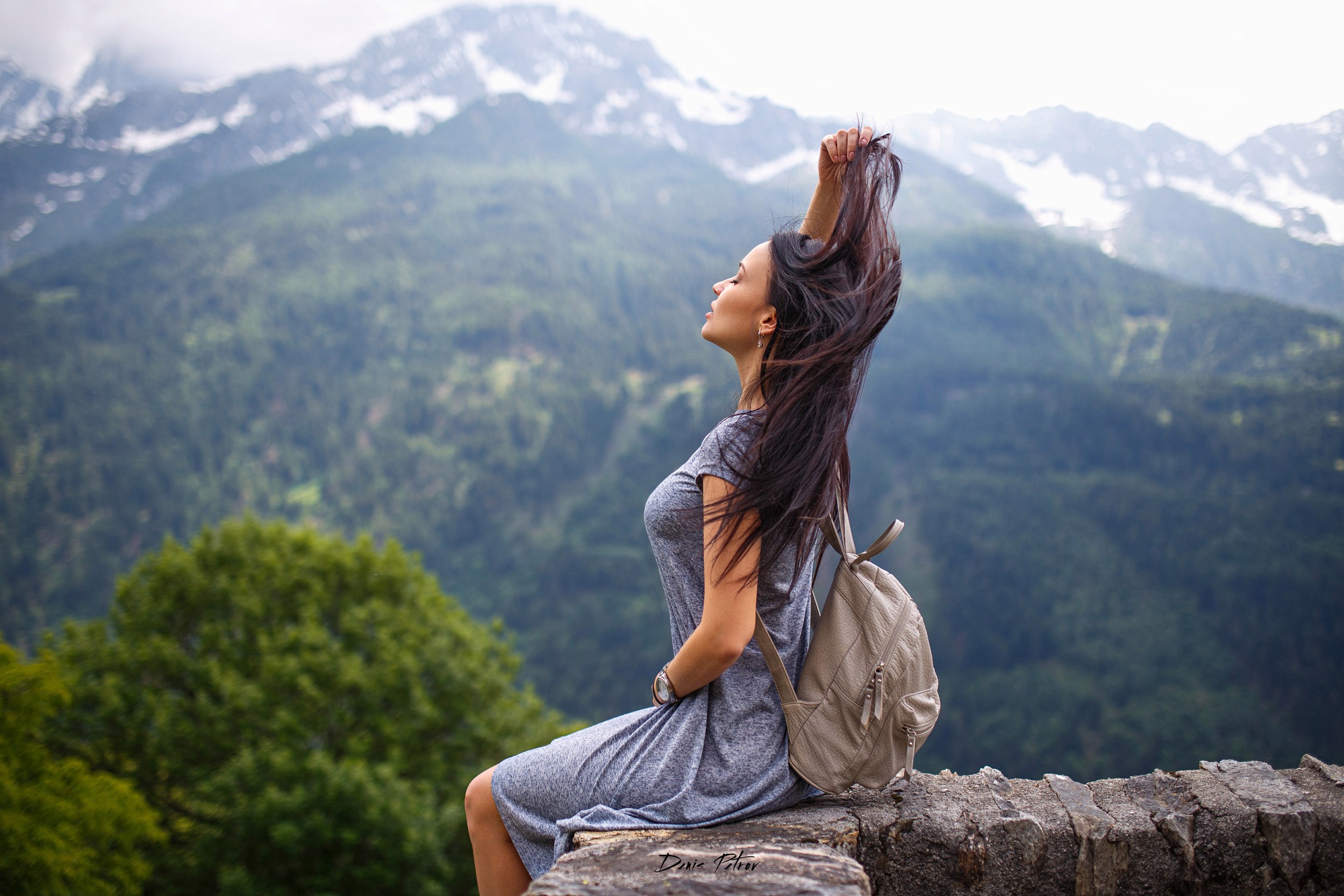 Angelina Petrova, depth of field, model, women, closed eyes, Denis Petrov, women outdoors, sitting, mountains, dress HD Wallpaper