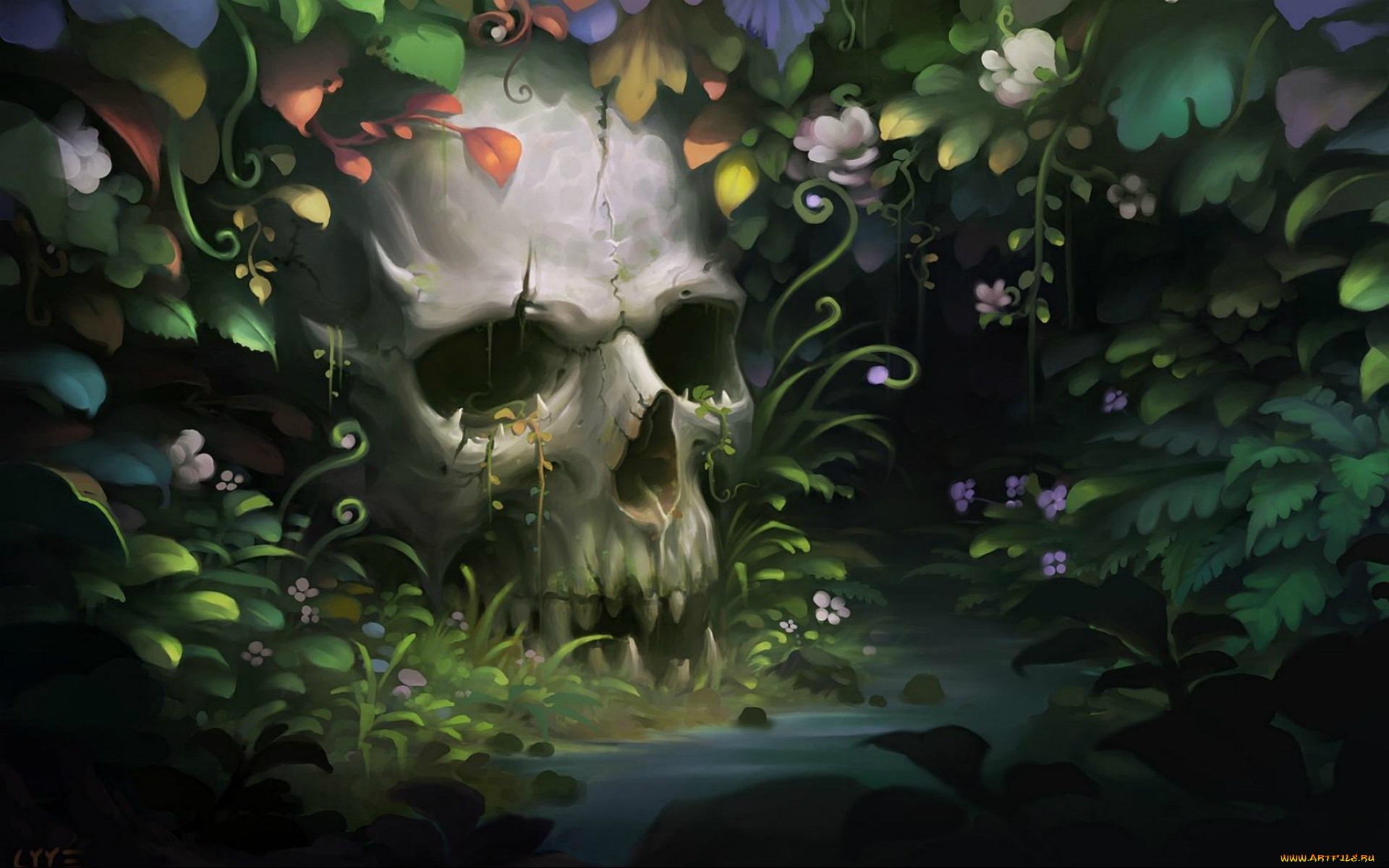 Skull overgrown with plants and flowers HD Wallpaper