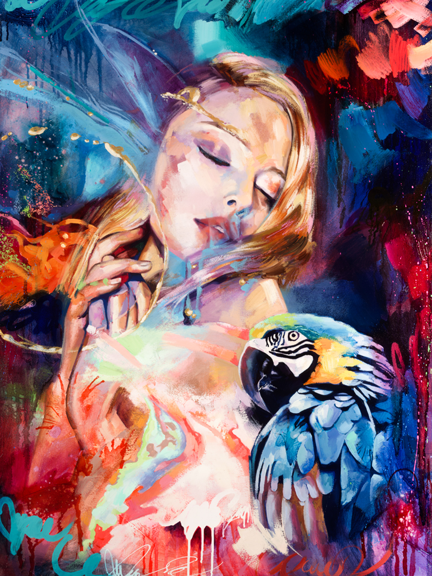 Painting of a woman and a parrot by Dimitra Milan HD Wallpaper