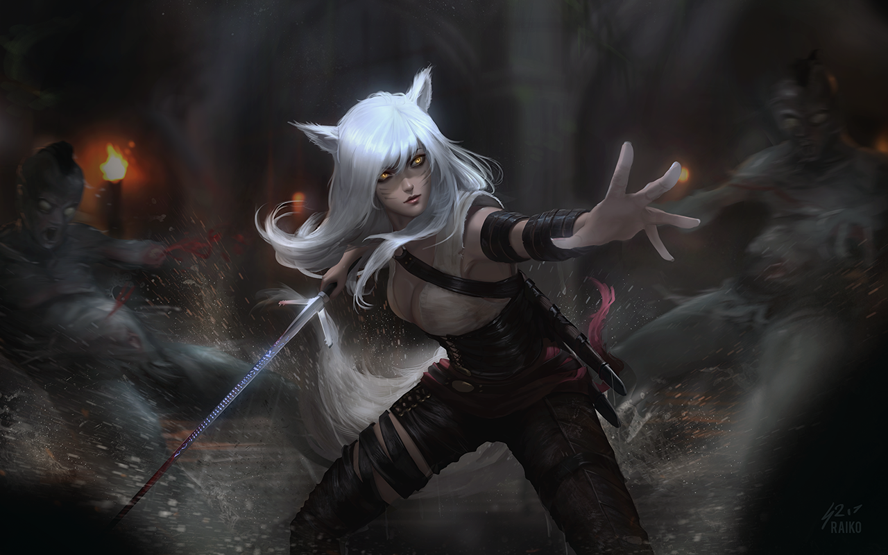 Foxgirl with sword fighting zombies HD Wallpaper