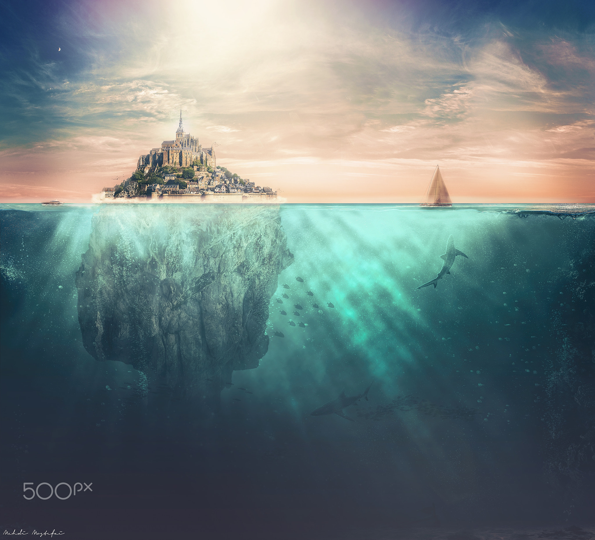 Mont Saint-Michel island and underwater view with sharks HD Wallpaper