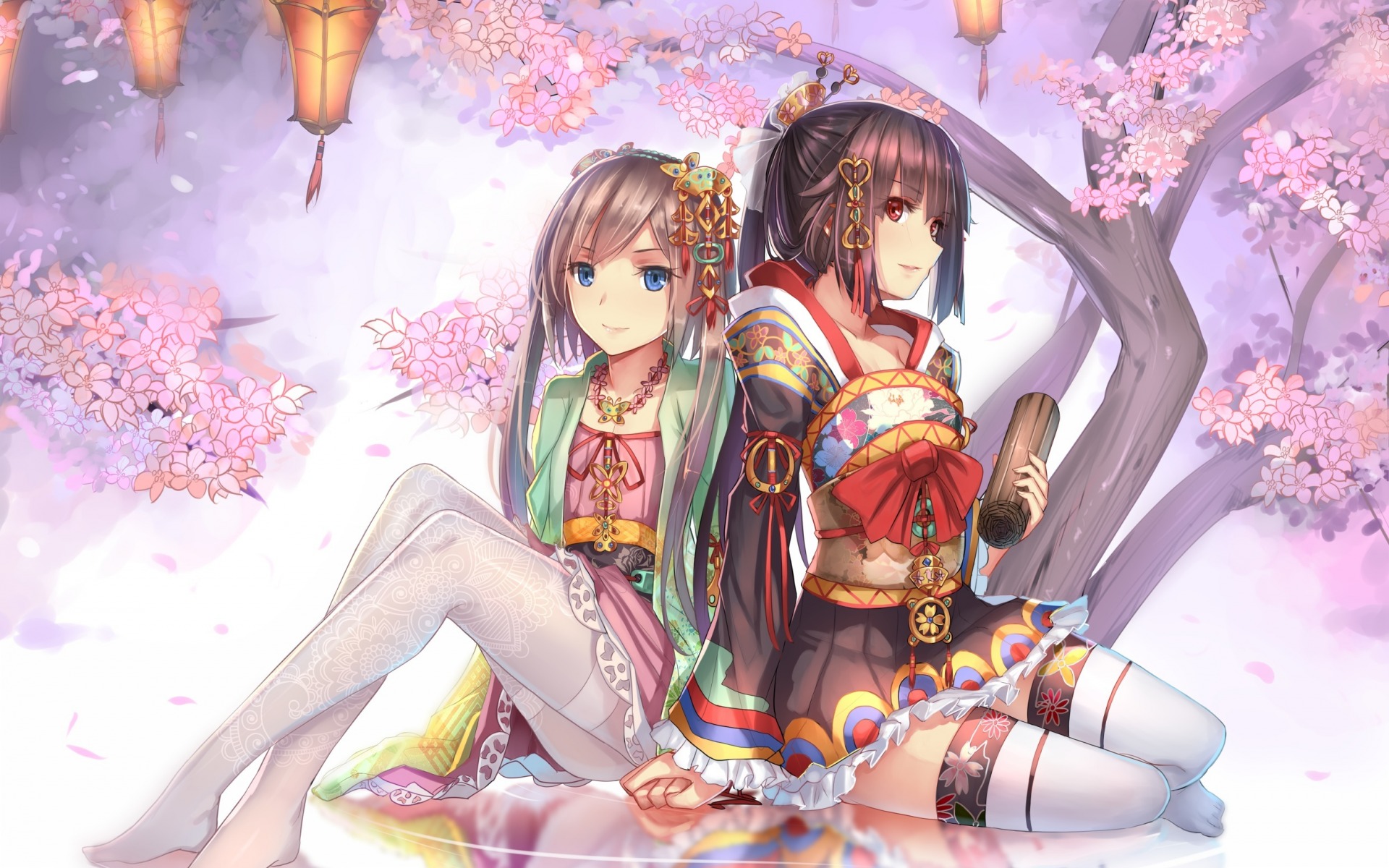 Two anime girls in kimonos under cherry blossoms HD Wallpaper