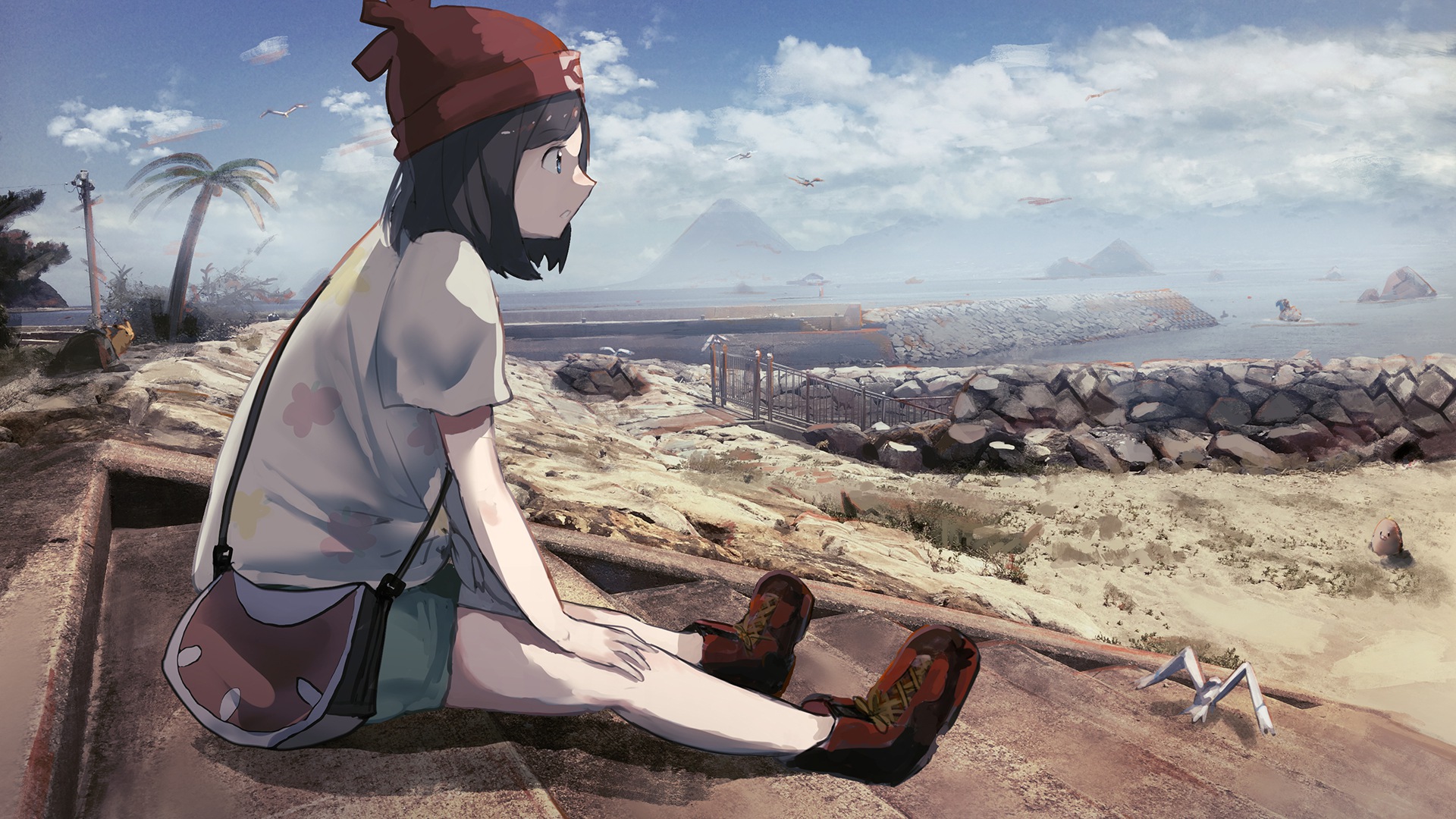 Girl from Pokemon Sun and Moon looking at the sea HD Wallpaper