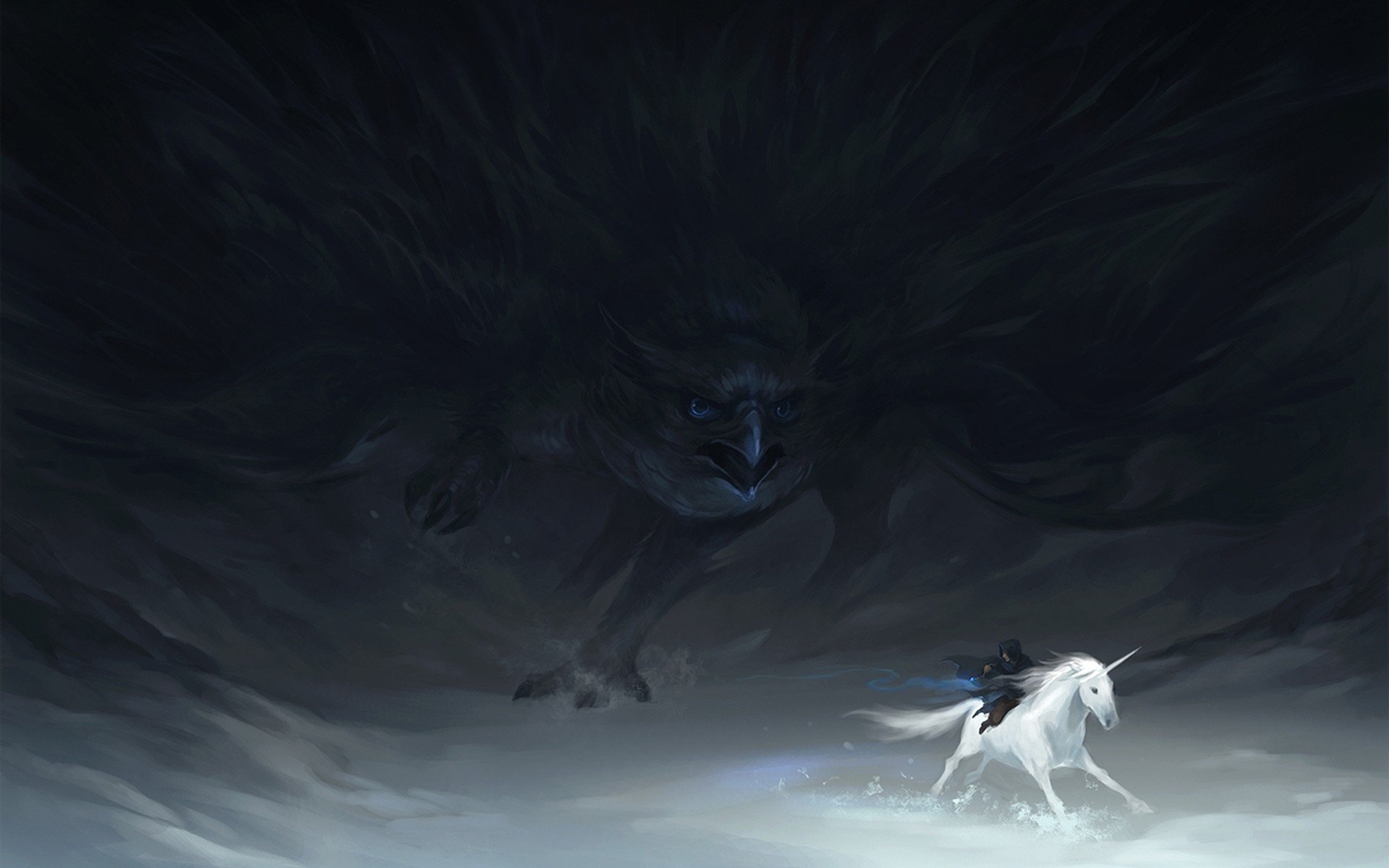 A griffin chases a unicorn with a rider HD Wallpaper