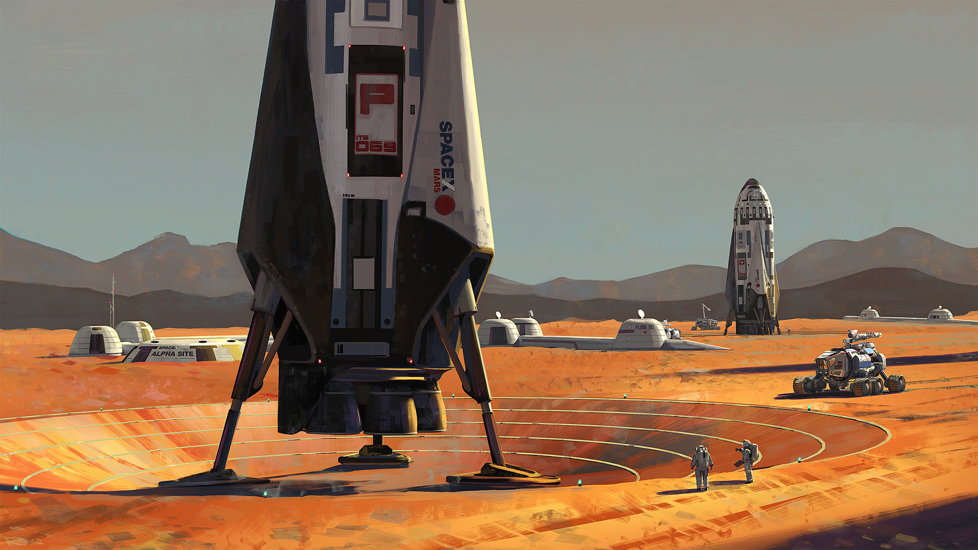 SpaceX Mars landing site with astronauts and rovers HD Wallpaper
