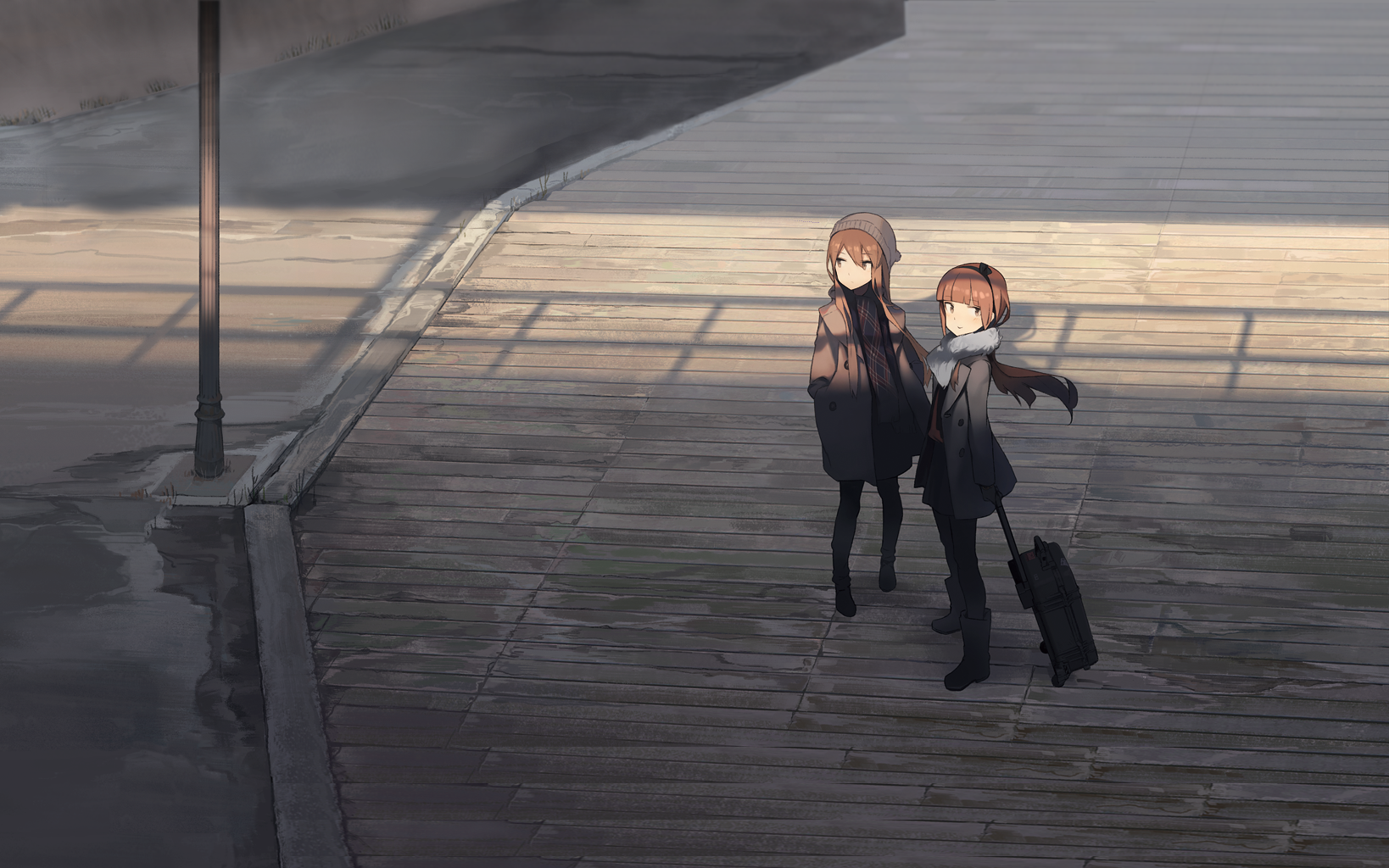 Two anime girls with luggage on a wooden pier HD Wallpaper