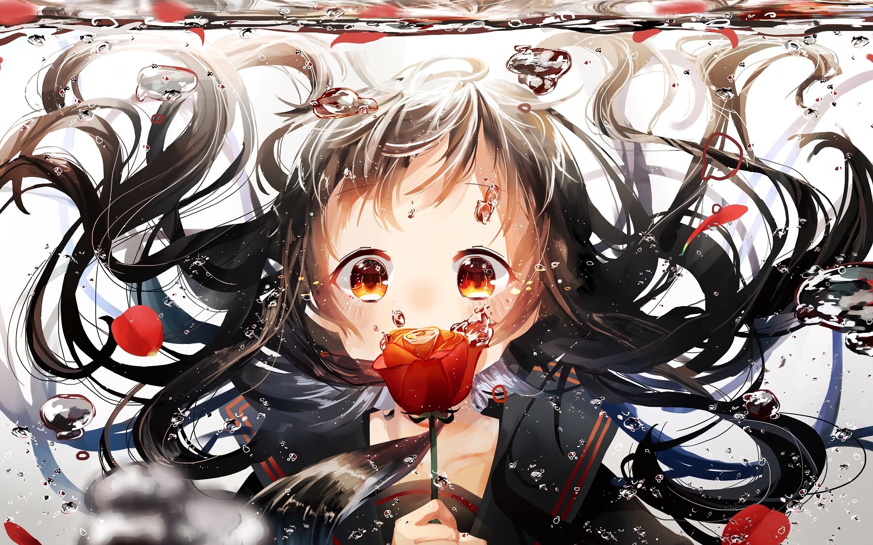 Girl underwater holding a rose with bubbles HD Wallpaper