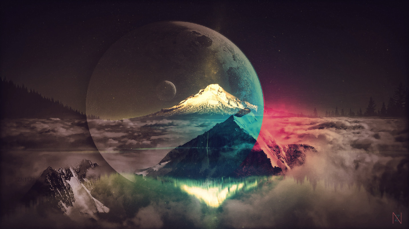 Surreal mountain landscape with planets and clouds HD Wallpaper