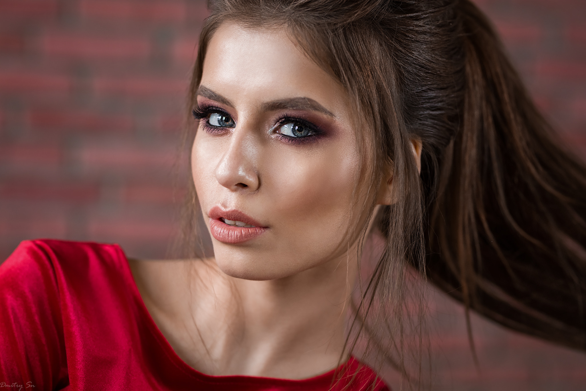 Woman with dramatic makeup and red dress HD Wallpaper