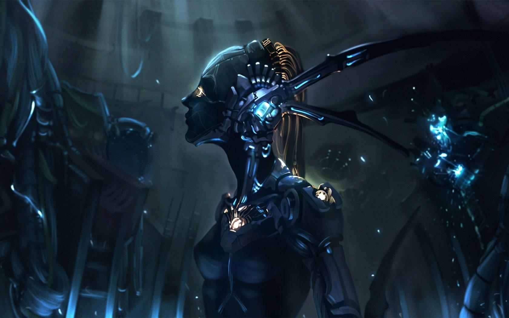 Cyborg woman with intricate mechanical implants HD Wallpaper