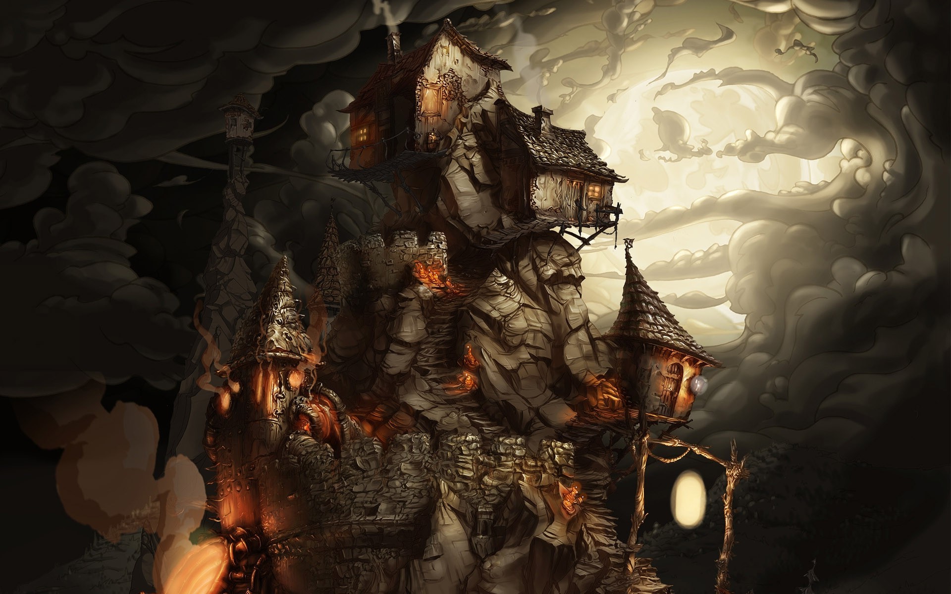 Fantasy castle built on a rocky mountain under cloudy sky HD Wallpaper