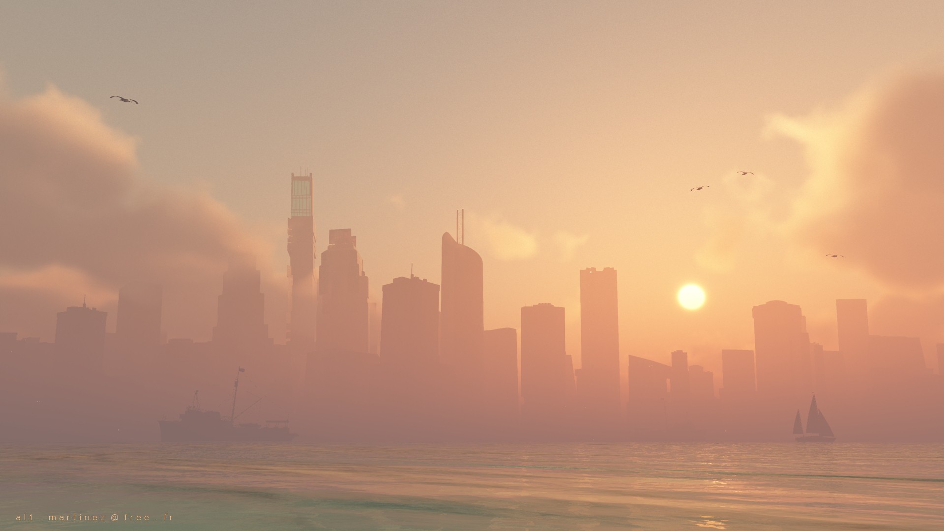 Cityscape at sunrise with ships and birds HD Wallpaper