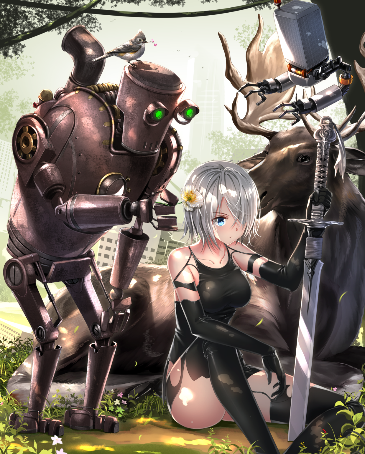 2B from NieR: Automata with a robot and a moose HD Wallpaper
