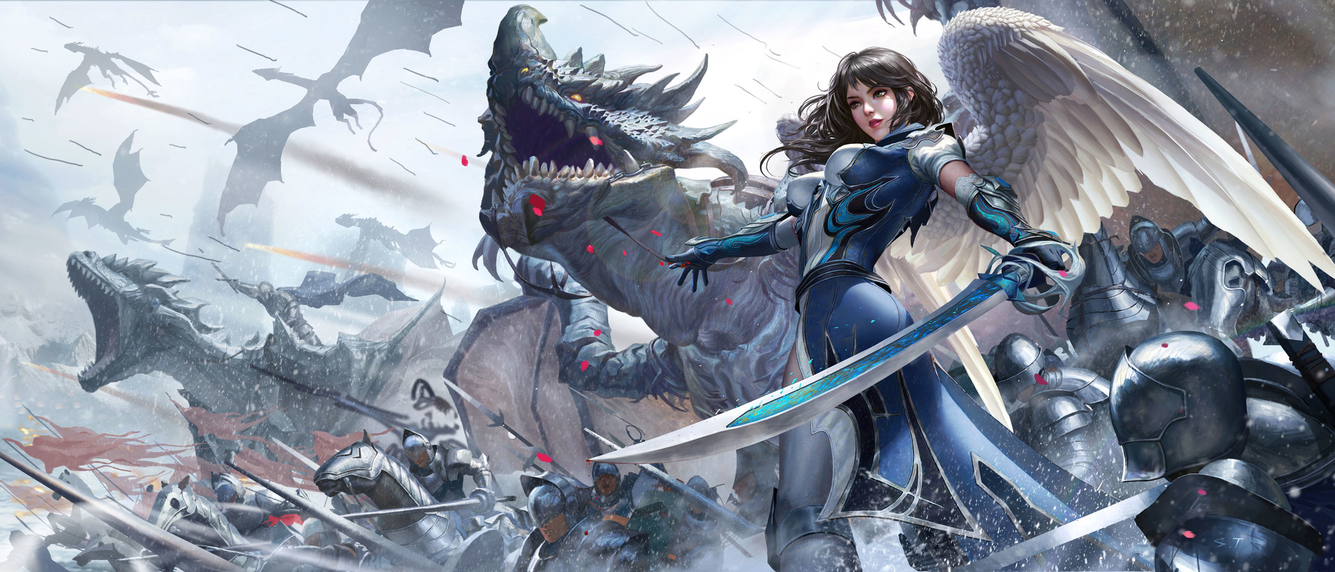 Angel warrior with sword fighting dragons and knights HD Wallpaper