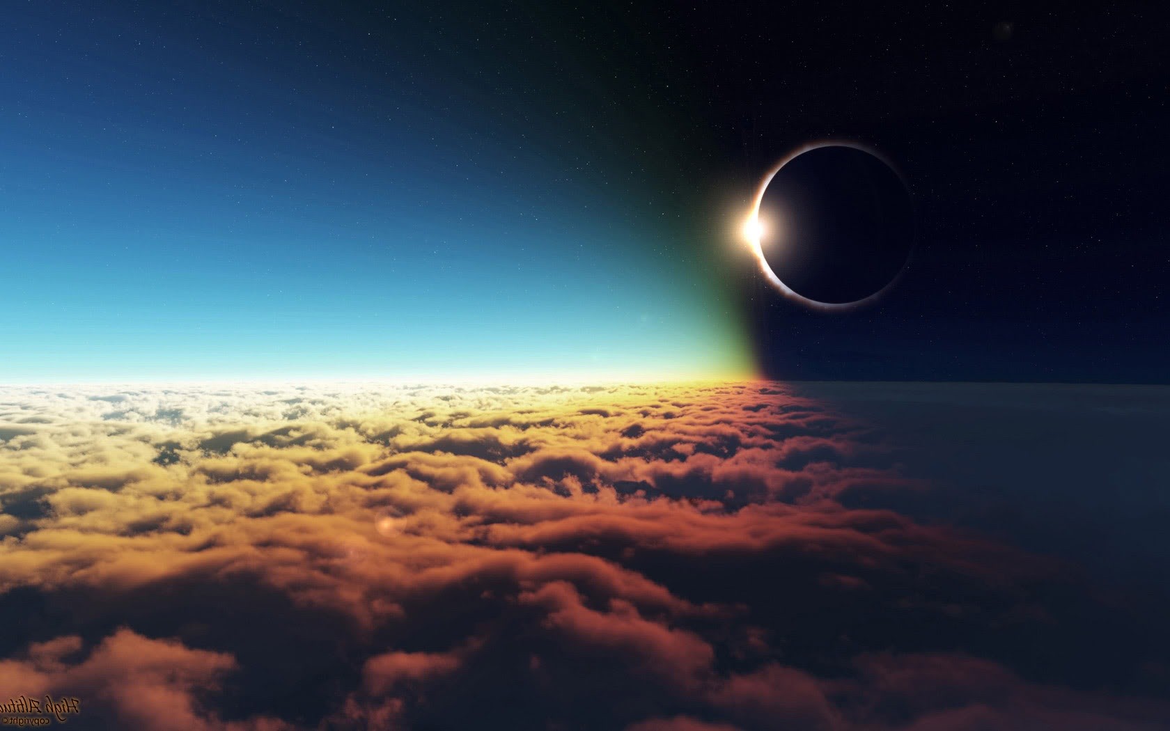 Solar eclipse over clouds from space HD Wallpaper