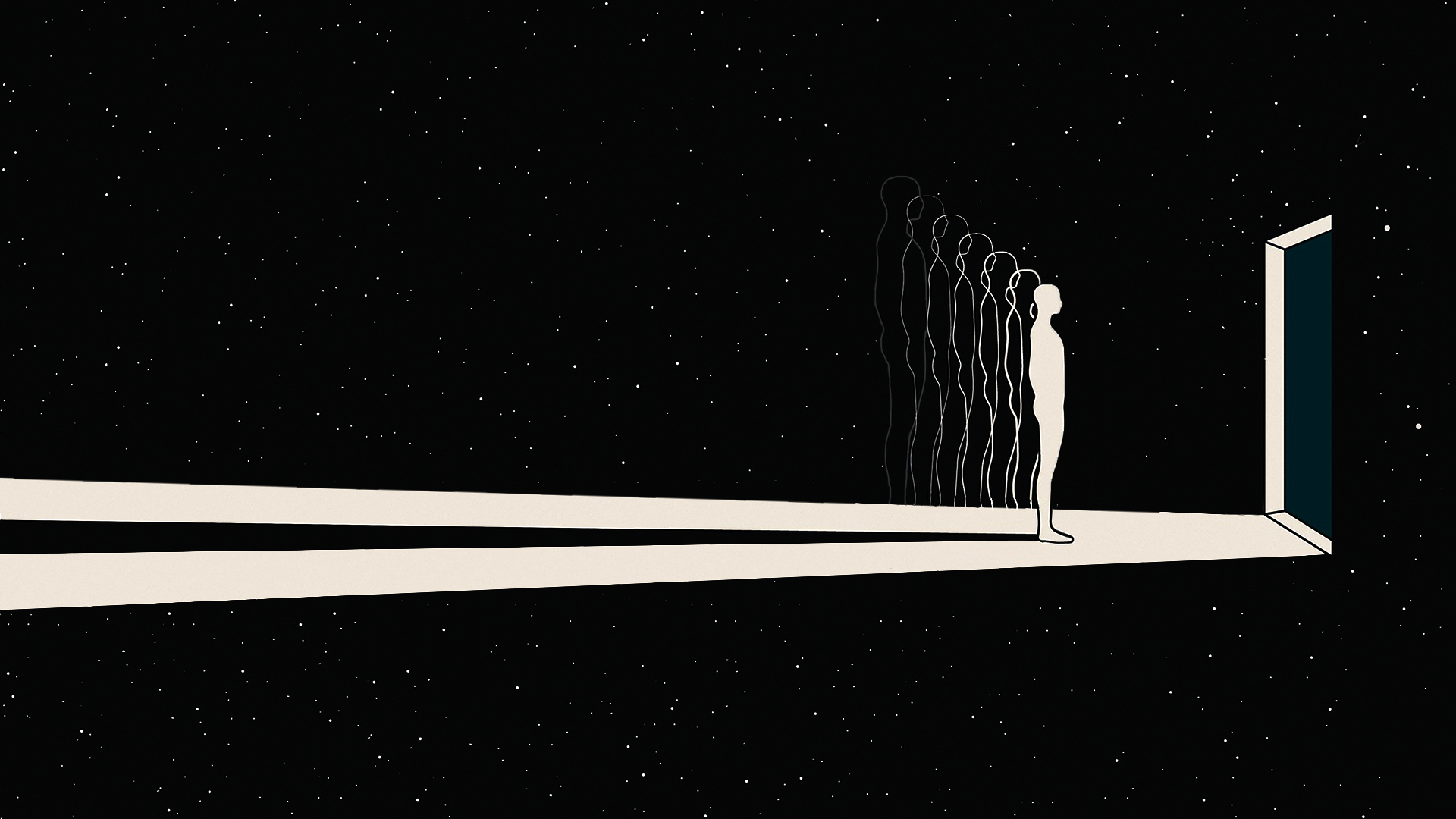 Minimalist space scene with figures and an open door HD Wallpaper