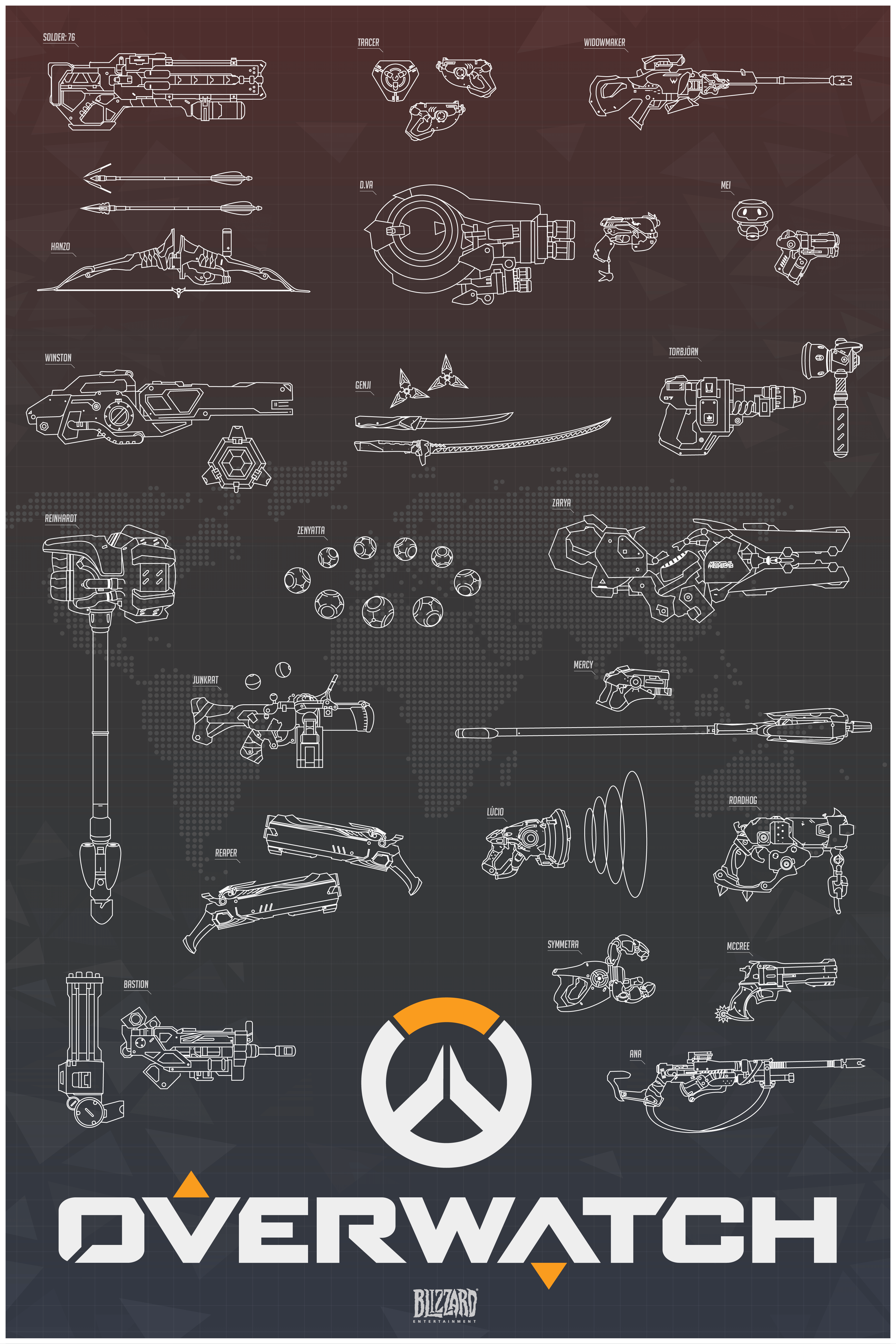 Overwatch character weapons blueprint HD Wallpaper