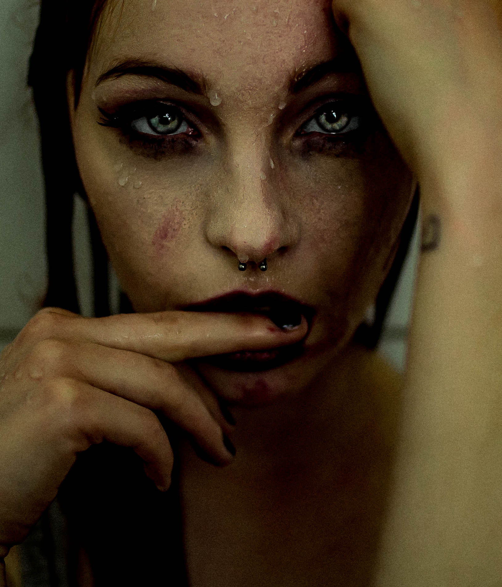 Woman with wet face and dark lipstick HD Wallpaper