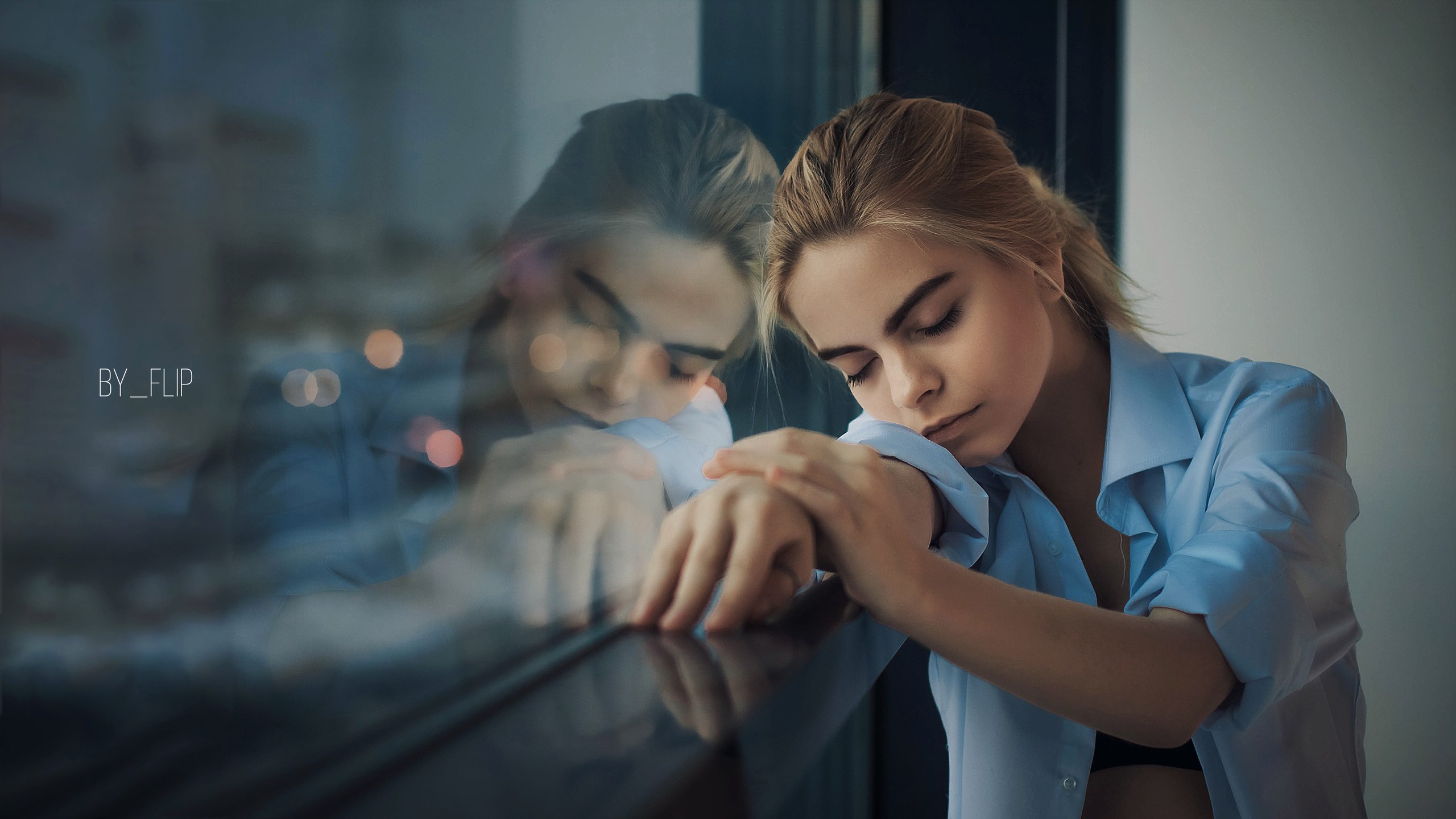 Woman with closed eyes leaning on window HD Wallpaper