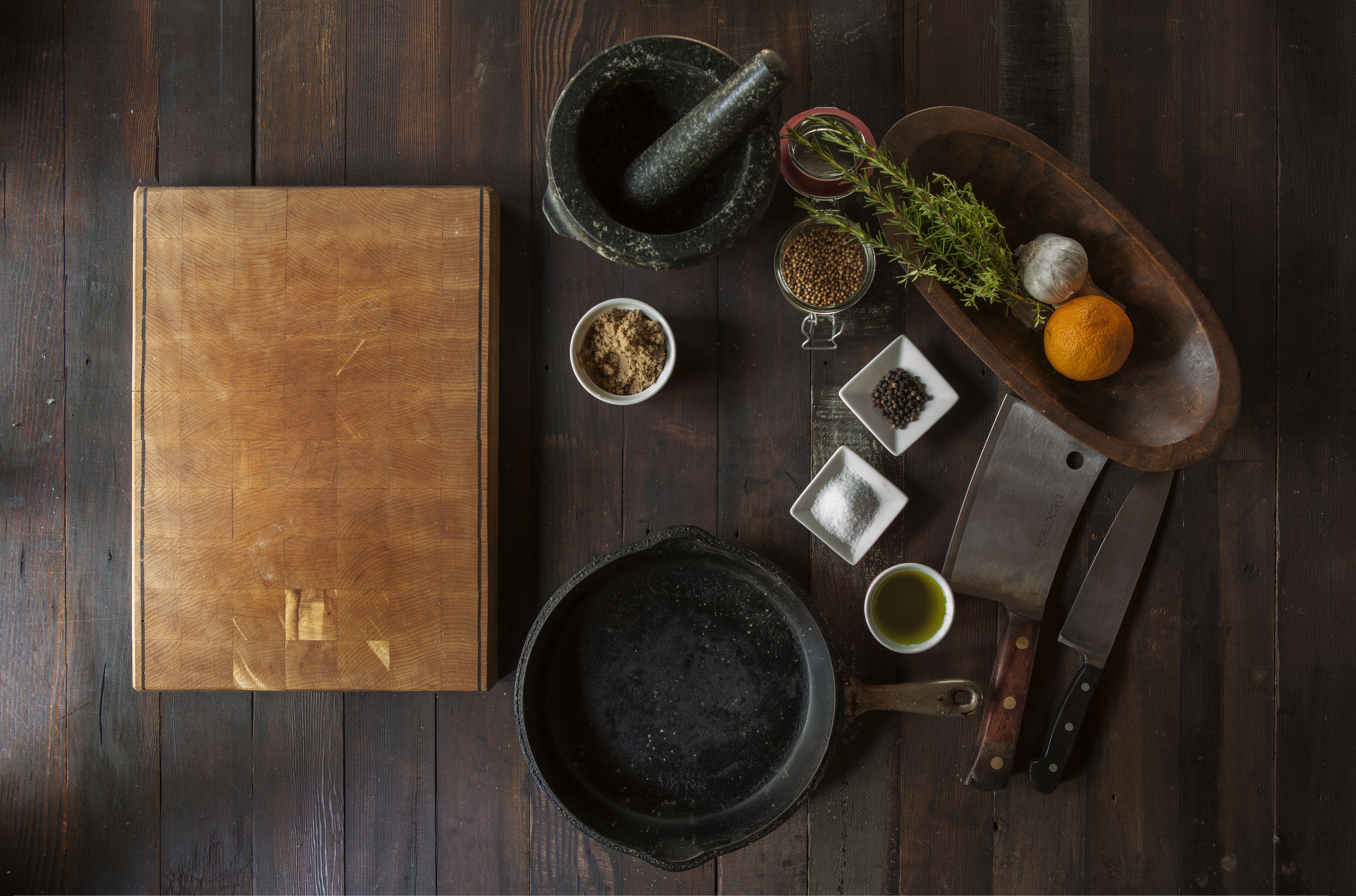 Overhead view of cooking ingredients and utensils HD Wallpaper