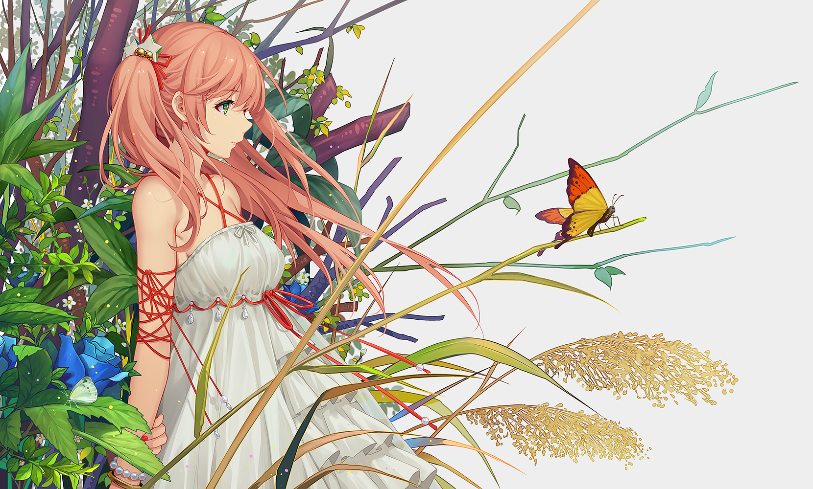Anime girl with pink hair and butterflies in nature HD Wallpaper