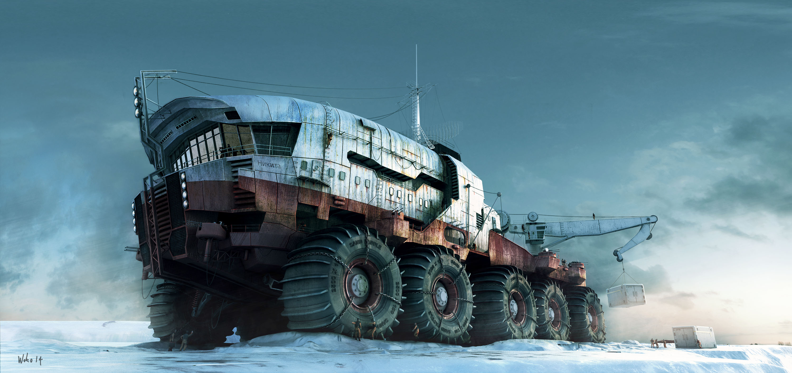 Massive all-terrain vehicle in a snowy landscape HD Wallpaper